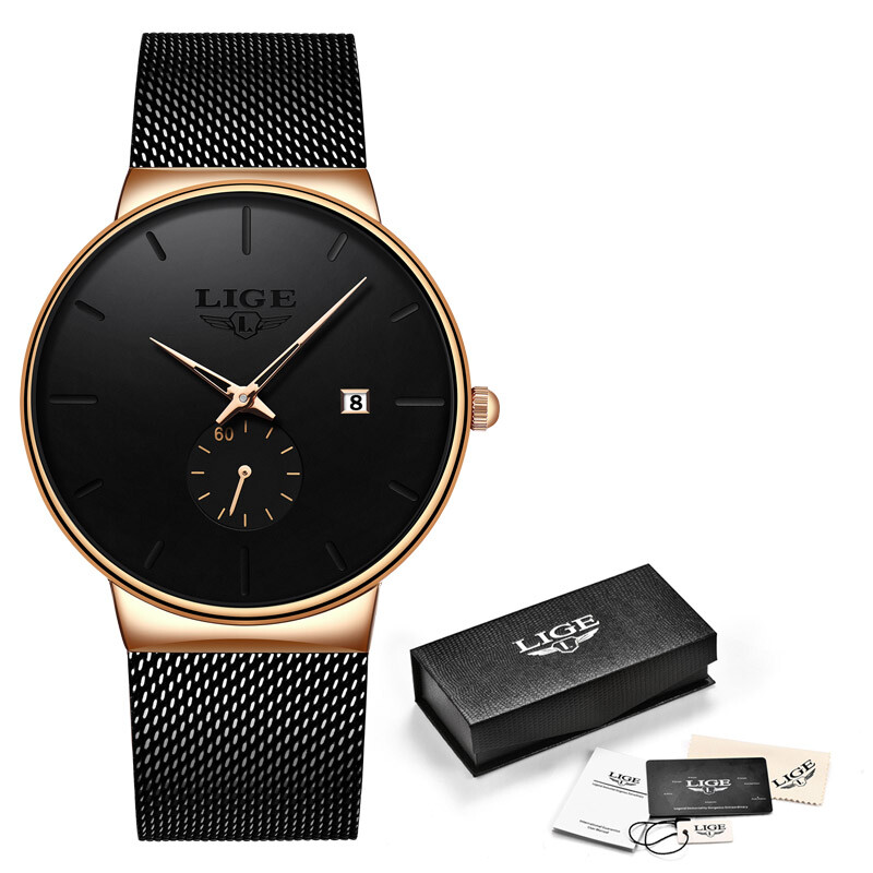 Ultra-thin Men Quartz Watch Stainless Steel Date Waterproof Casual Wristwatch
