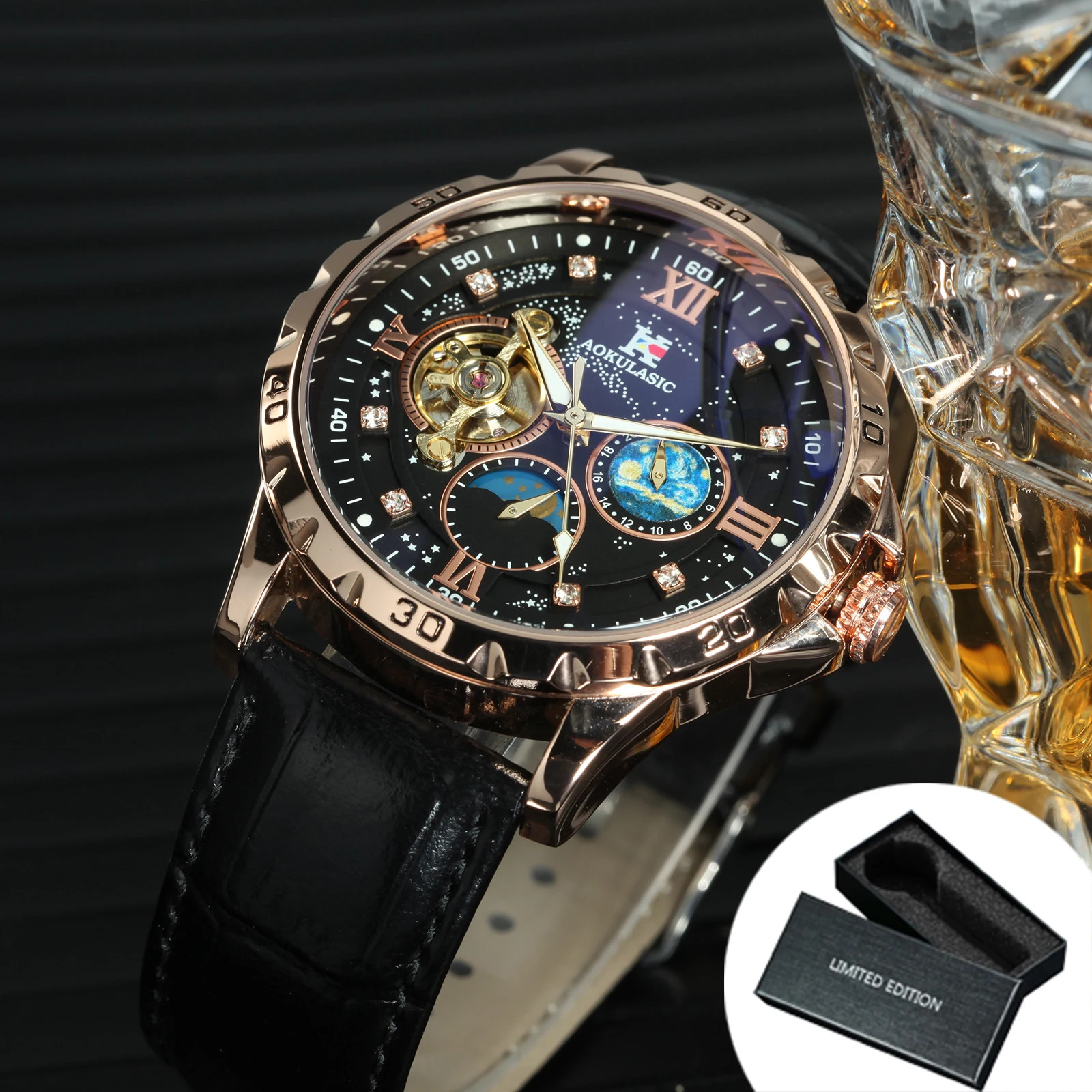 Men’s Luxury Tourbillon Skeleton Automatic Watch Moon Phase Starry Sky Dial