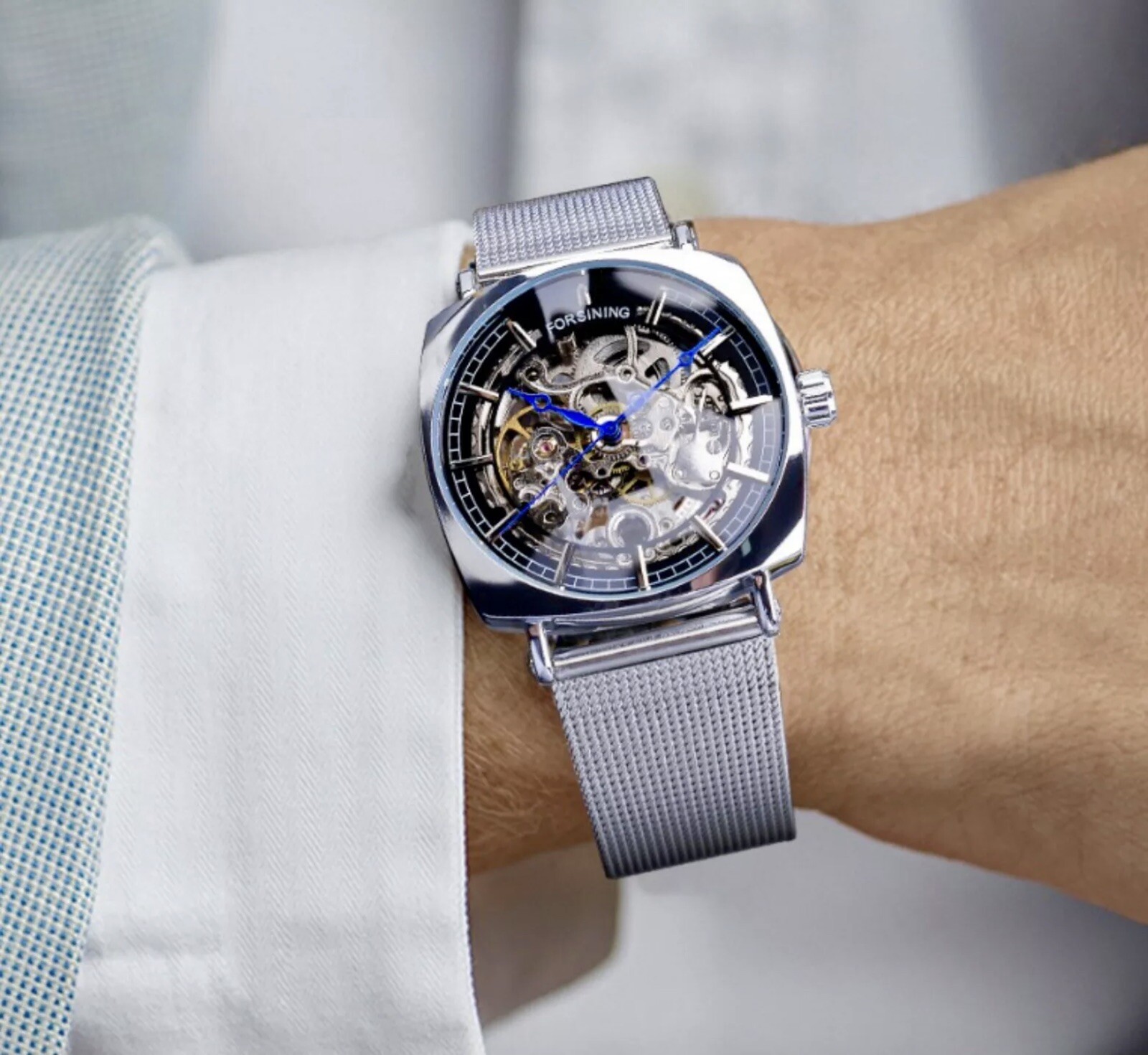 FORSINING Skeleton Transparent Self Winding Watch Stainless Mesh Band. Gift Idea