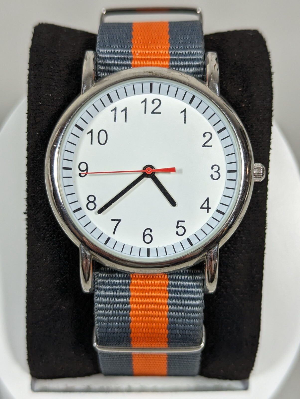 Unisex White Dial Round Silver Tone Case Gray Orange Canvas Band Watch
