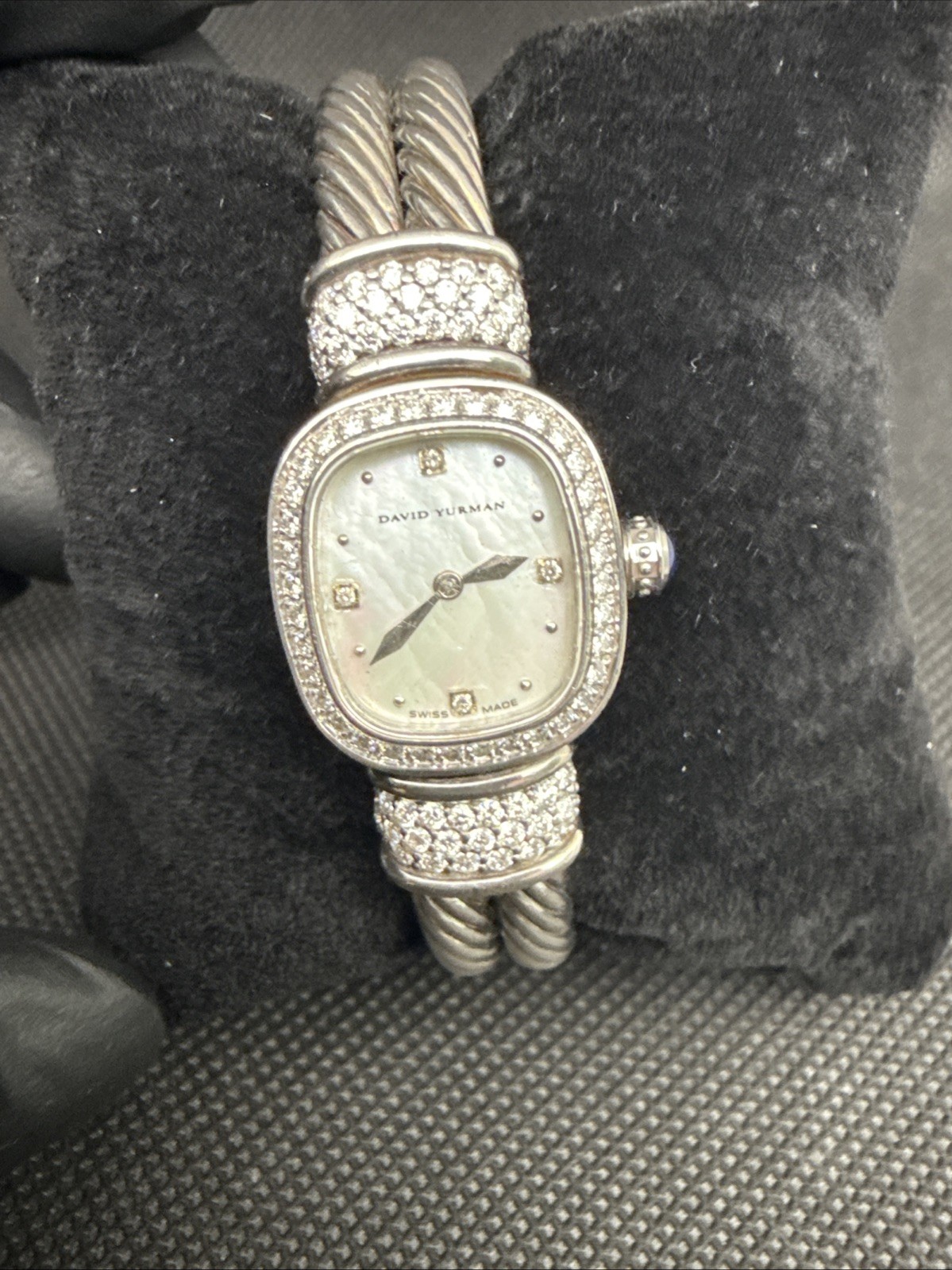David Yurman Cable Bangle Diamonds MOP Dial 925 Silver 19MM Lady Quartz