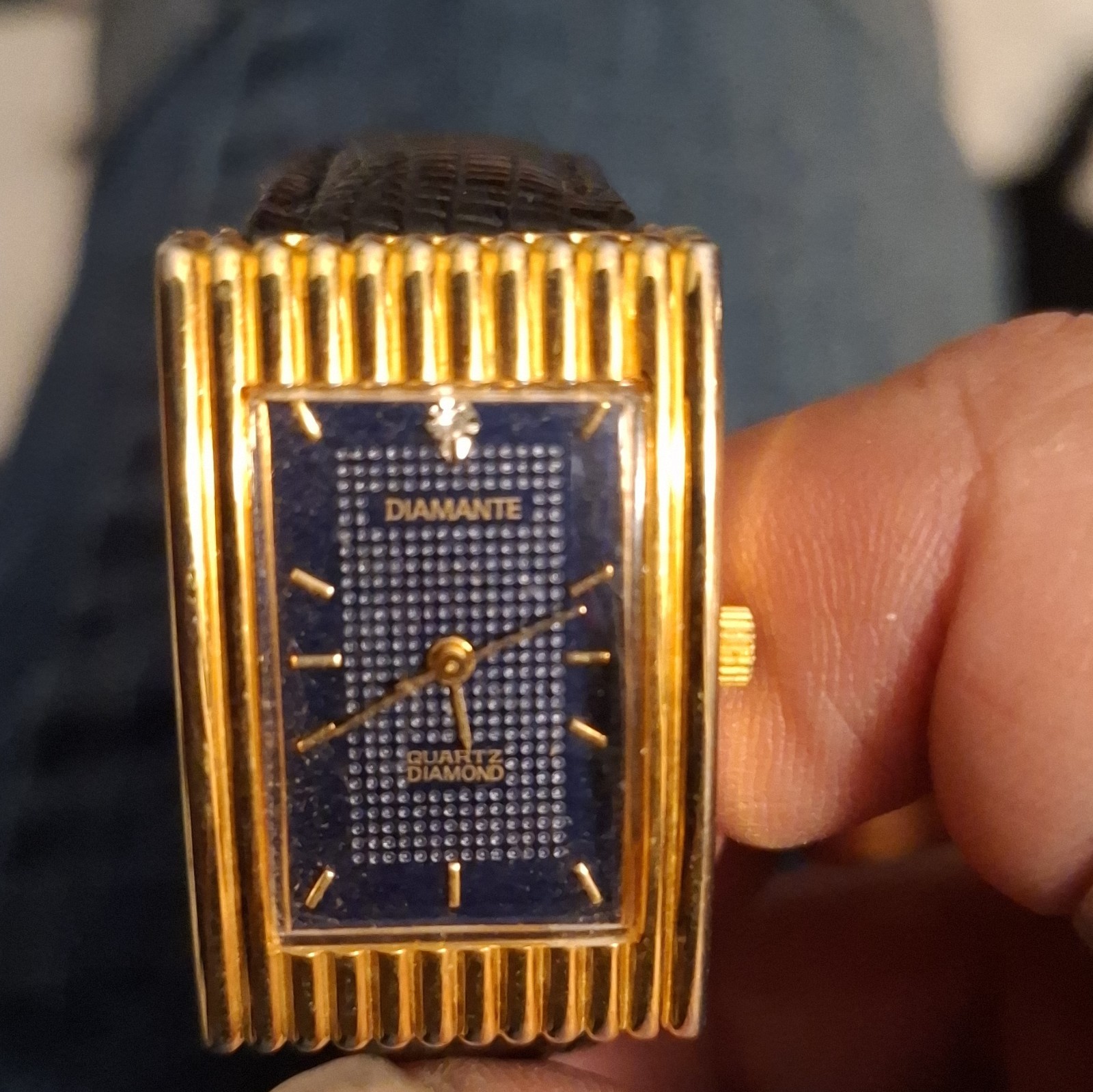 Diamante Quartz Diamond Rectangle Watch Blue Dial, Gold, Black Leather