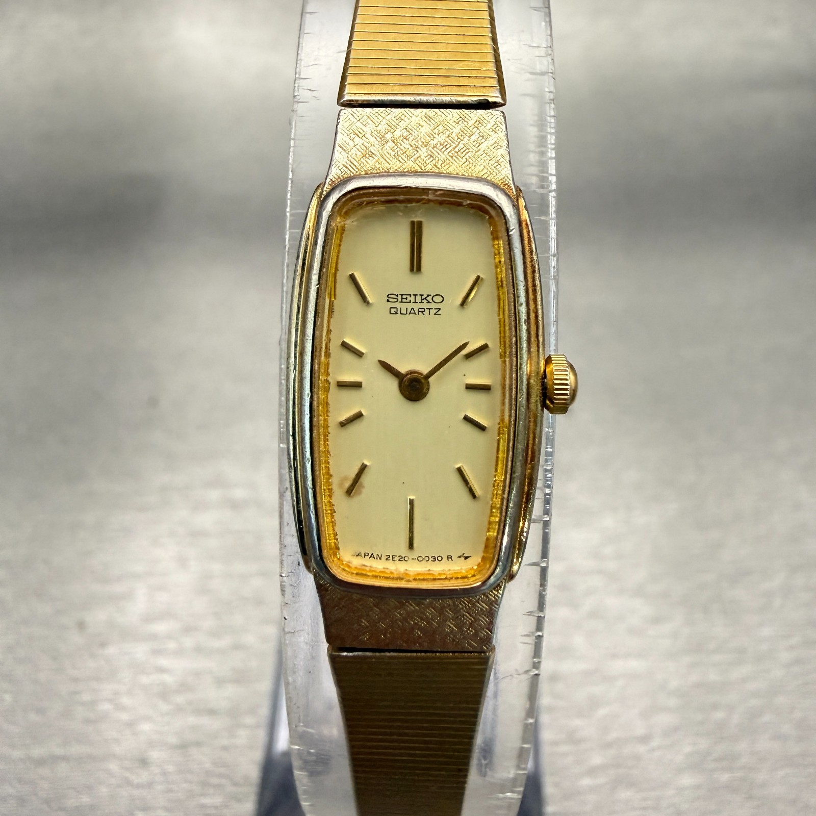 Seiko Watch Women 13mm Champagne Dial Gold Tone Rectangle 2E20-5019 New Battery