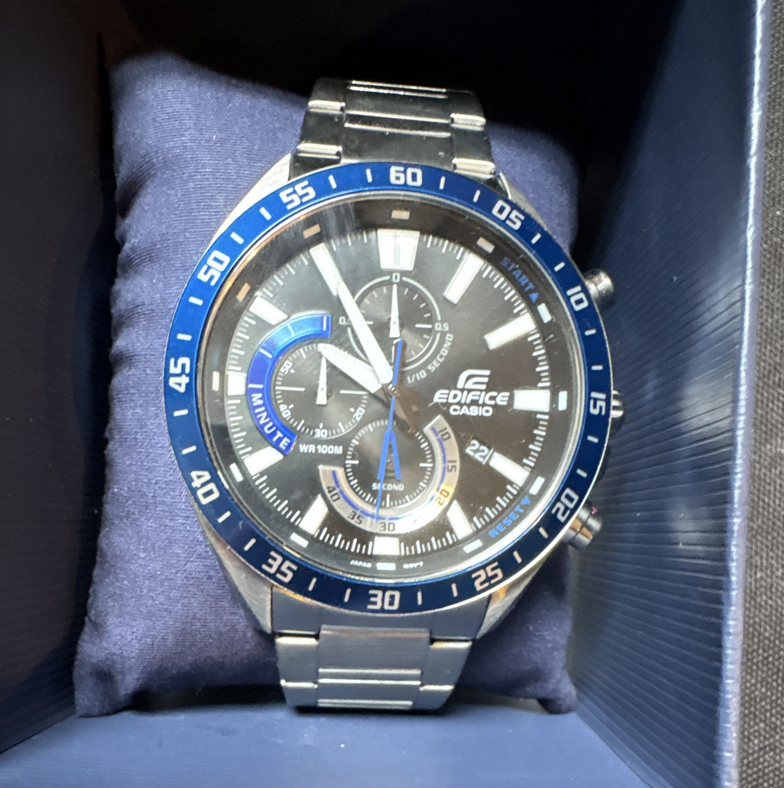 Casio Edifice Men’s Chronograph Quartz Black/Blue Dial SS Bracelet 100m w/ Box