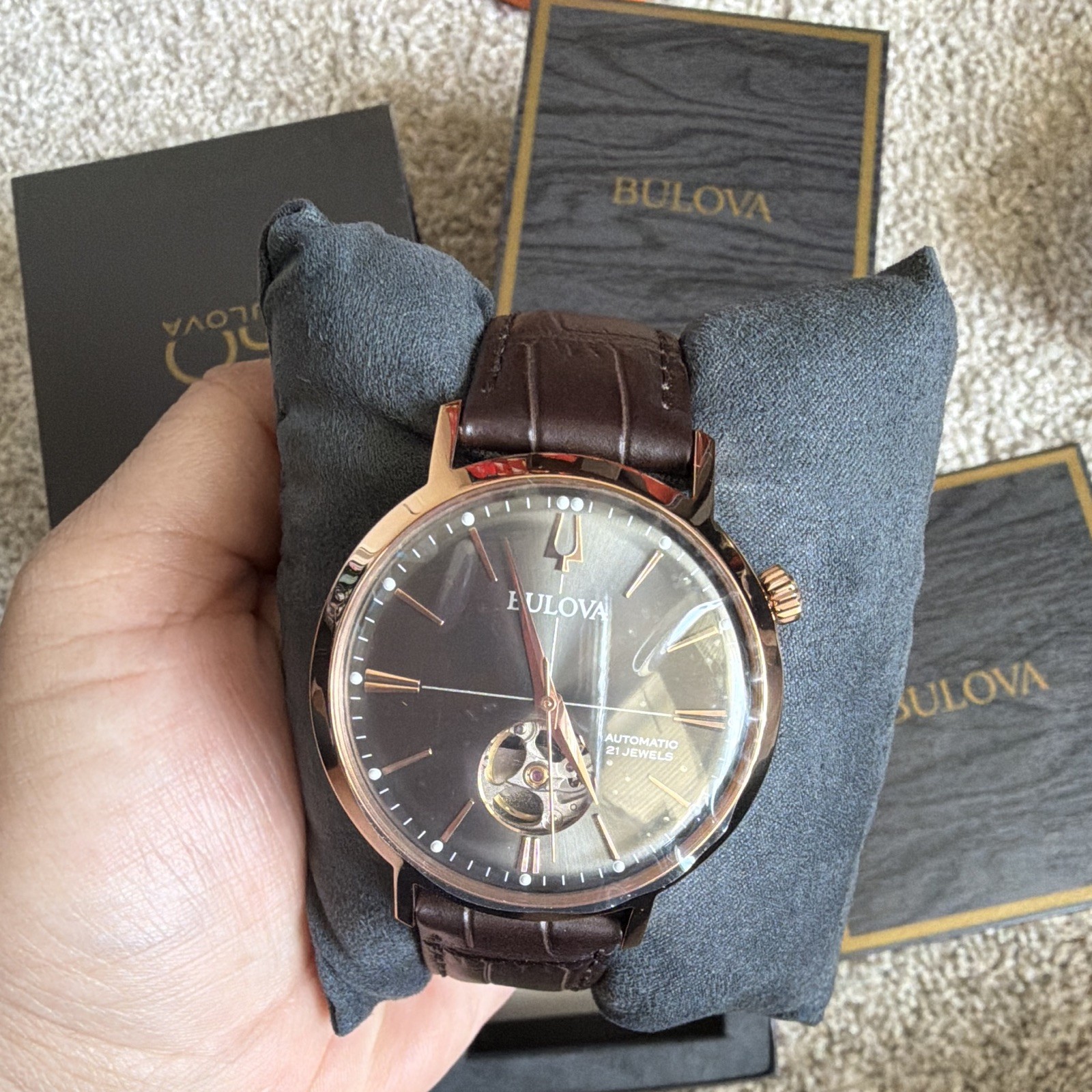 Bulova 150 Men’s Automatic Open Heart 21 Jewel Watch Brown Leather Black Dial