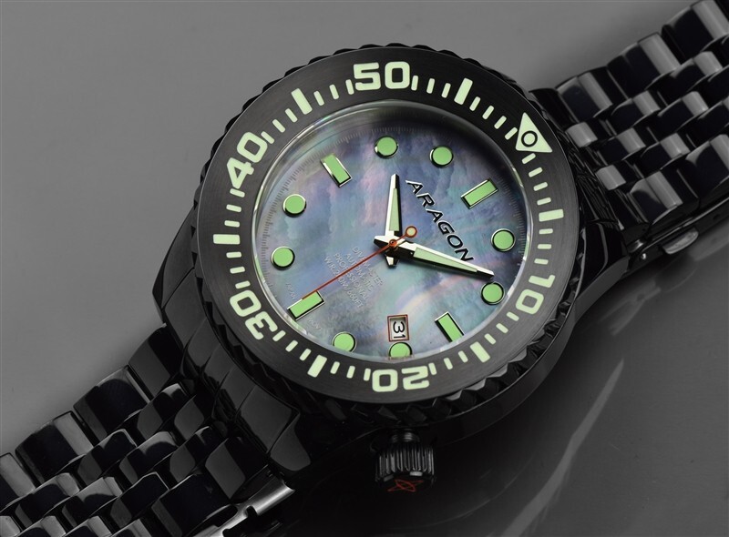ARAGON DIVEMASTER EVO IP Black 45mm Automatic Platinum MOP NH35 24 Jewels