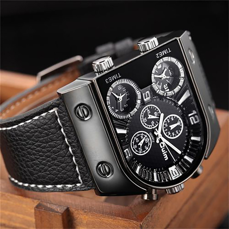 OULM Casual Men’s Multiple Time Zone Military Quartz Wrist Watches Leather Strap