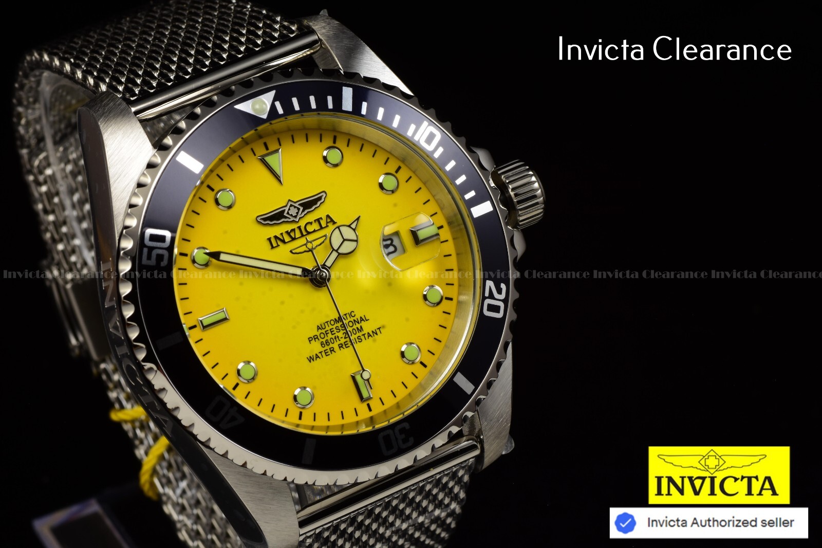 NEW Invicta Men 47mm Pro Diver AUTOMATIC Mesh Bracelet YELLOW DIAL SS Watch !!