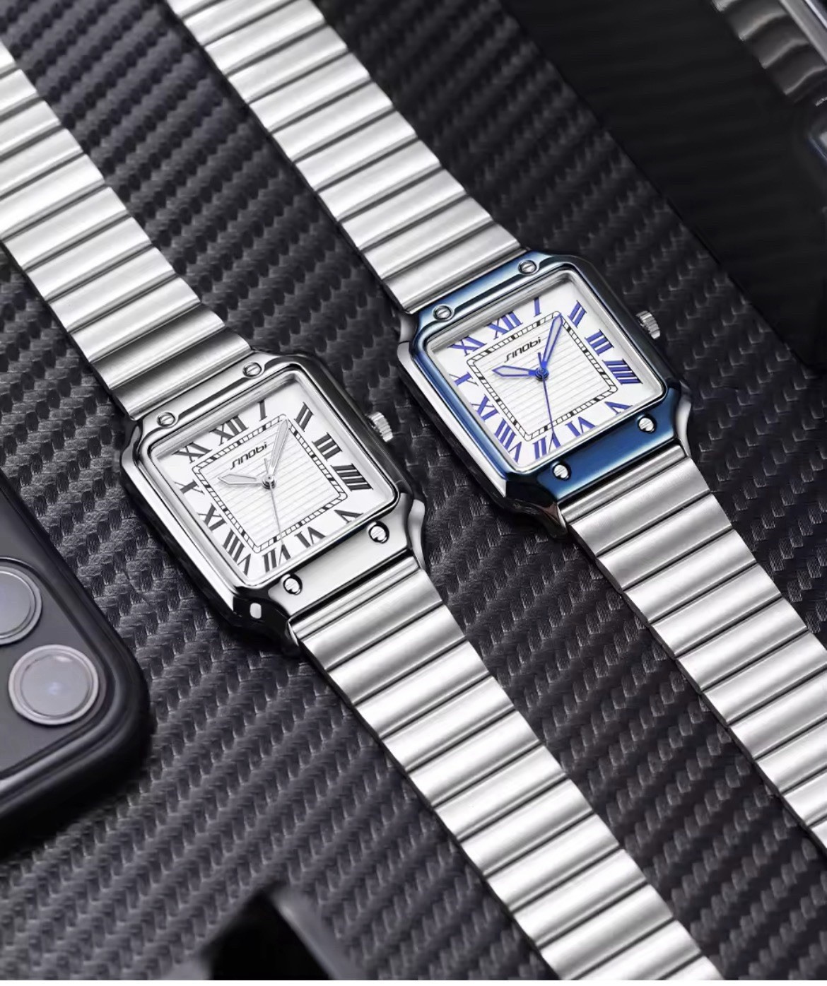 SINOBI Quartz Analogue Square Wristwatch White Roman Dial Silver SS Bracelet