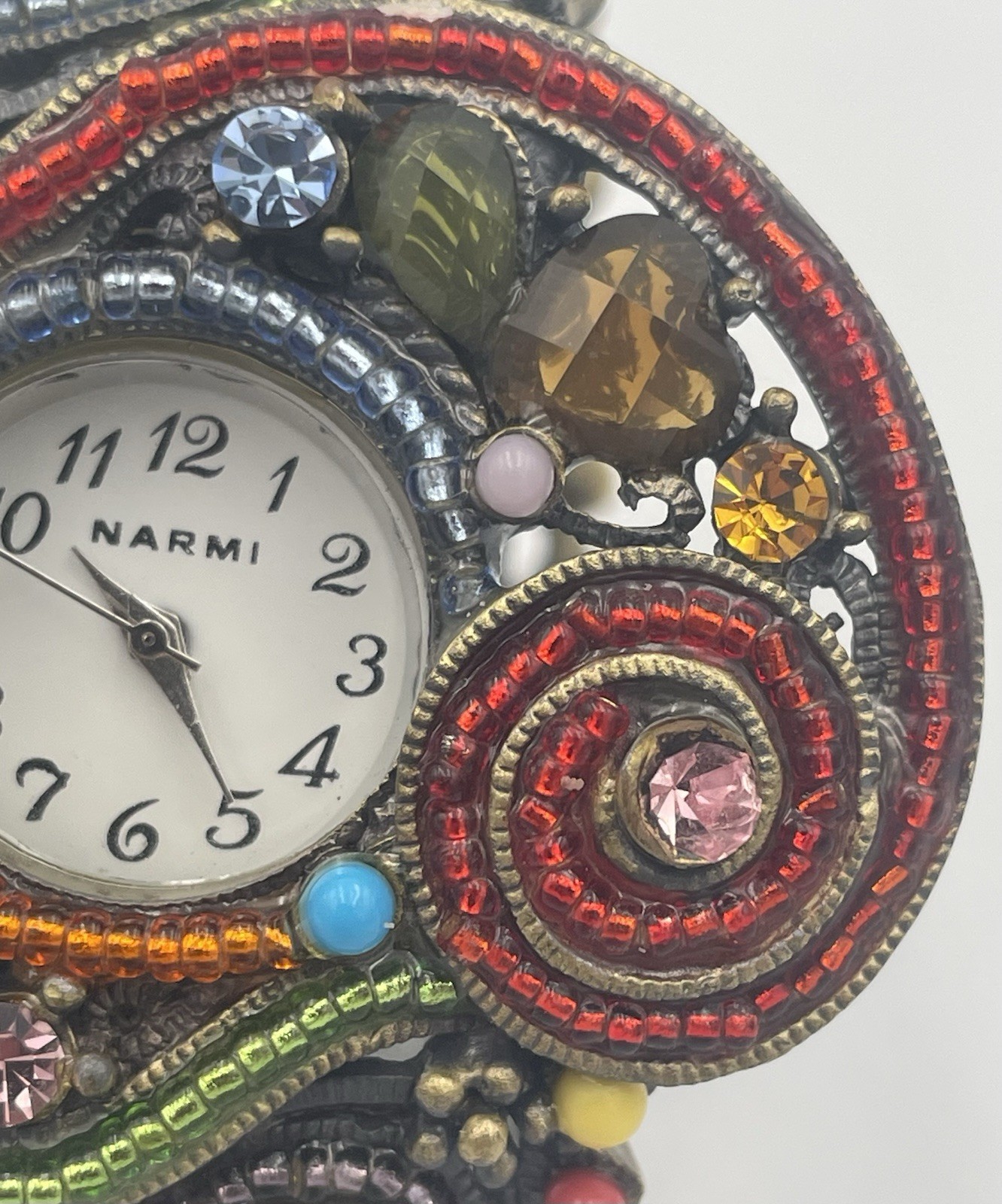 Narmi Quartz Beaded Hinge Bracelet Watch Brass Tone Multicolor Jewel New Battery