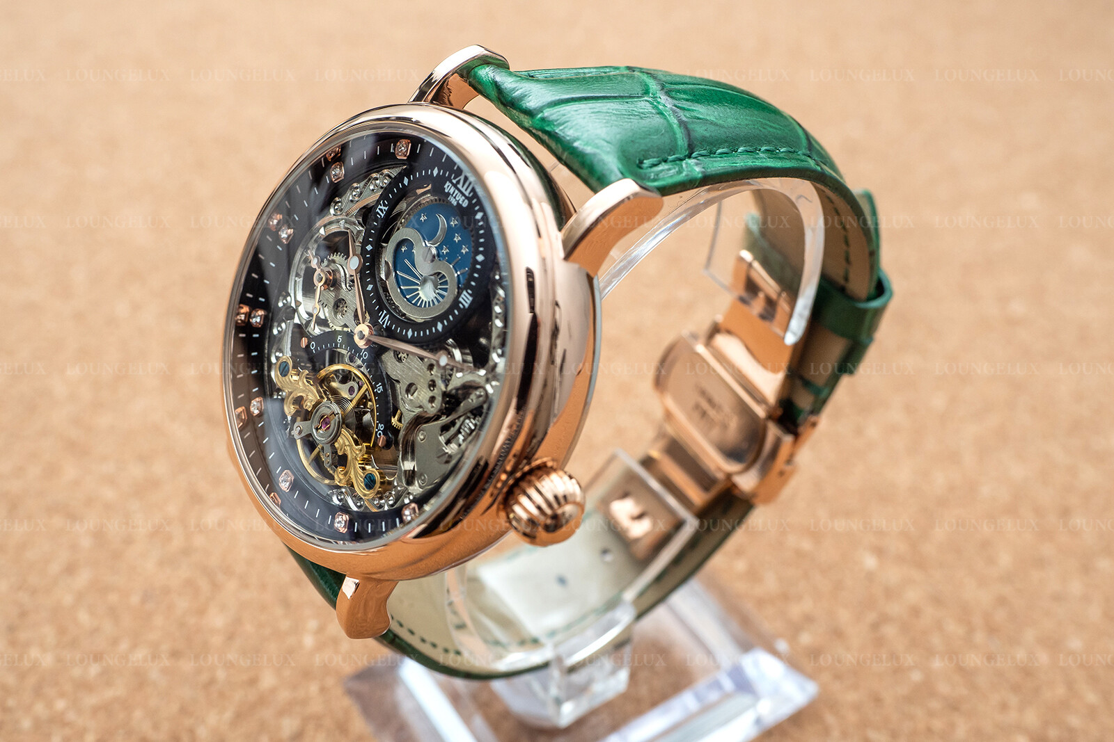 Mens Dual Time Automatic Mechanical Skeleton Watch Rose Gold Green Leather