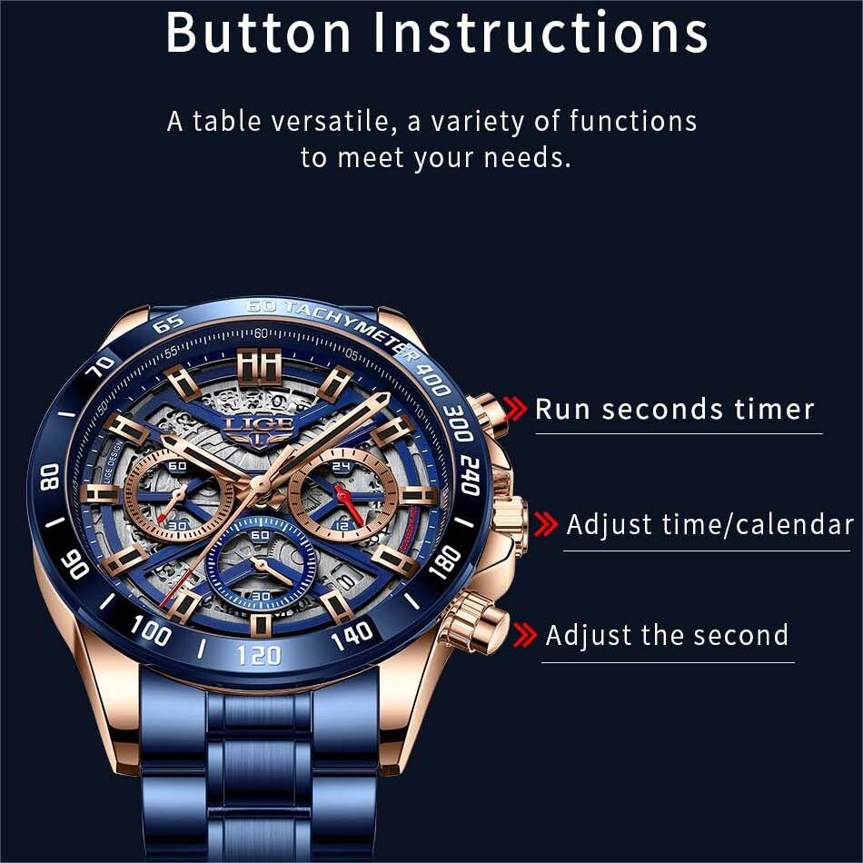 LIGE Men Watch Quartz Mechanical Date 3ATM Waterproof Stainless Steel Wristwatch