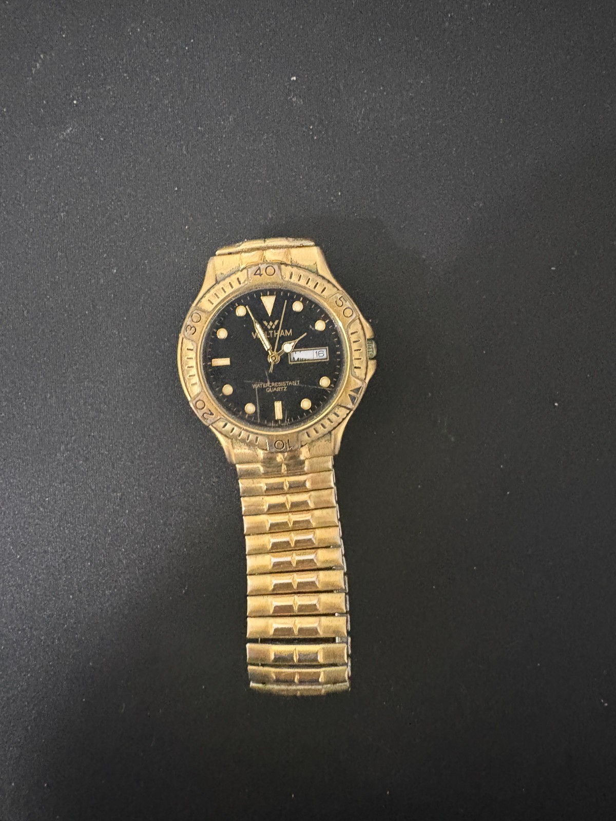 Waltham Gold Tone Diver Style Sport Watch Rotating Bezel Black Dial Vintage 41