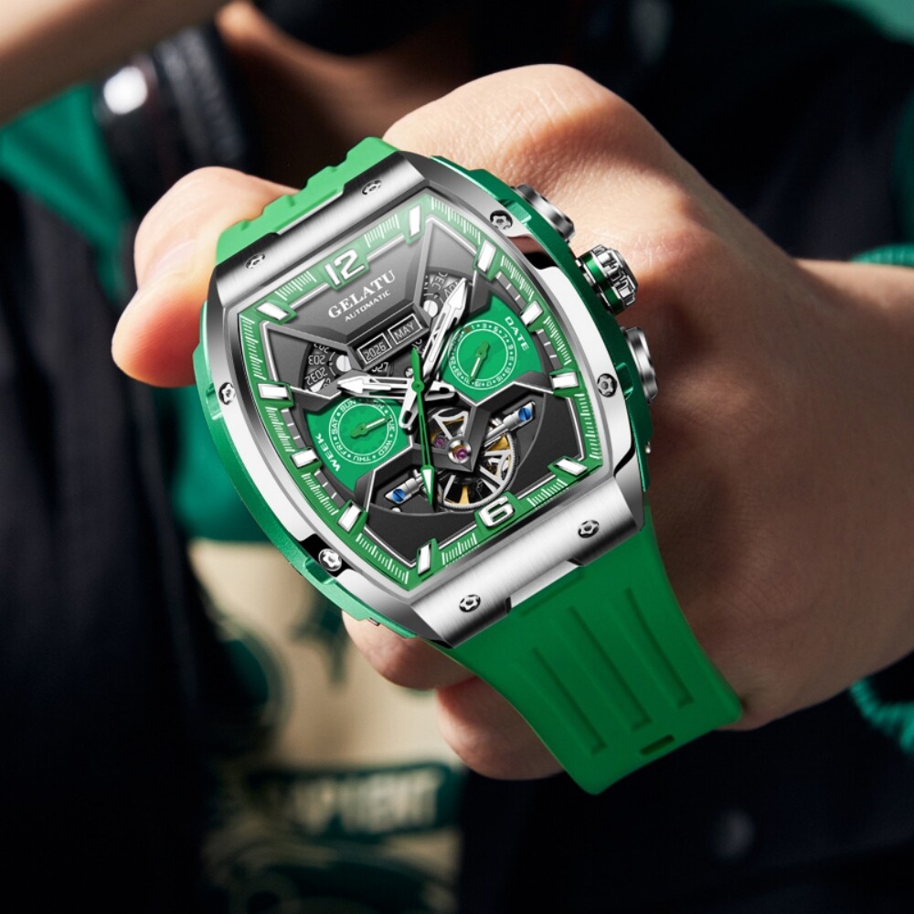 Men’s Automatic Mechanical Watch Tonneau Sapphire Glass 50M Waterproof Luminous