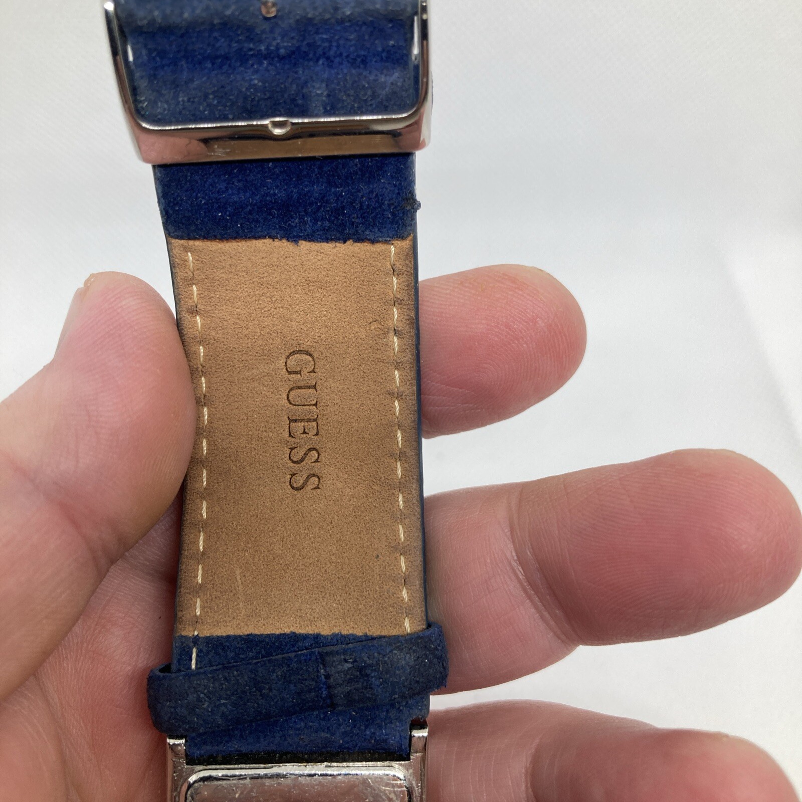 Unique Multicolor Jeweled Working Guess Watch, Blue Genuine Leather Band