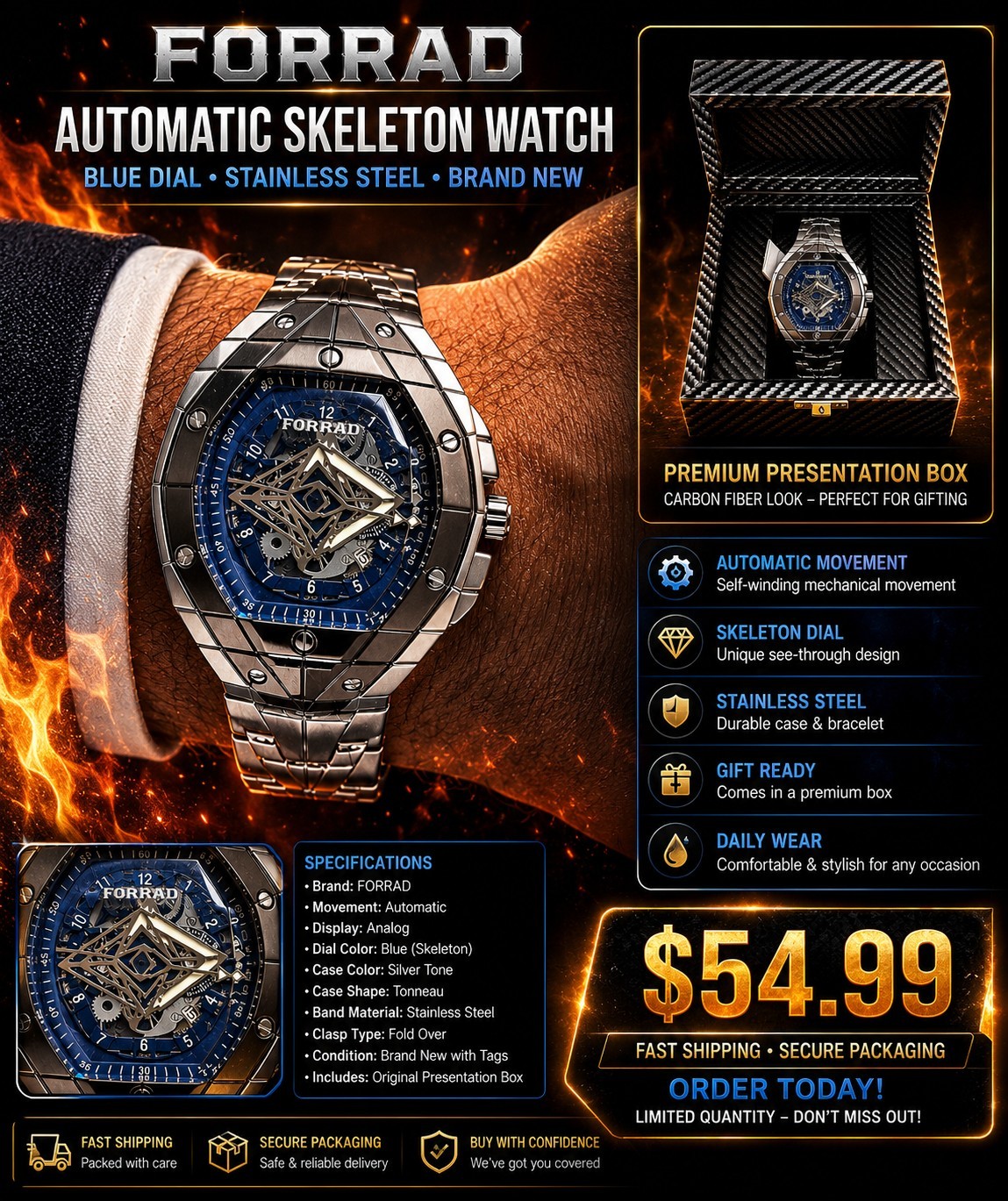 FORRAD Automatic Skeleton Watch Blue Dial Stainless Steel Men’s Watch New in Box