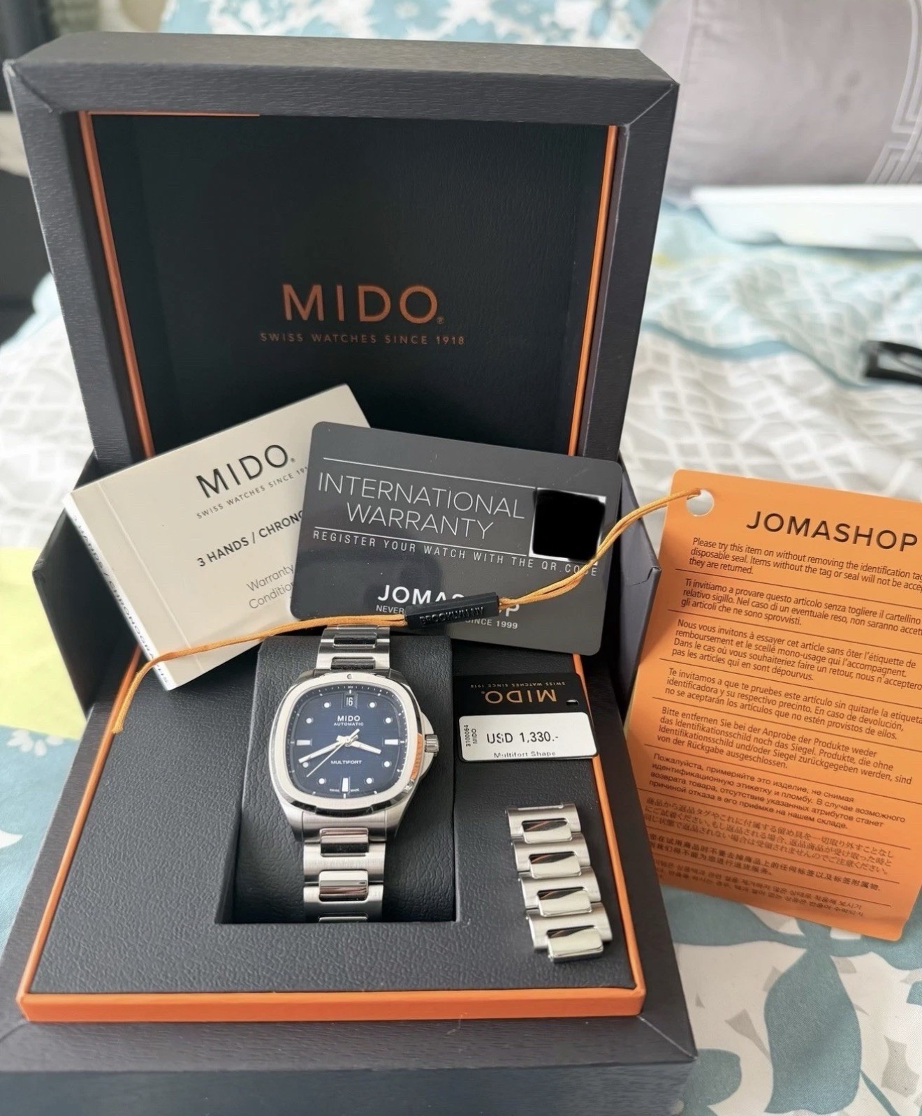 MIDO Multifort Automatic Blue Dial Steel Bracelet Sapphire Date 100m Box Papers