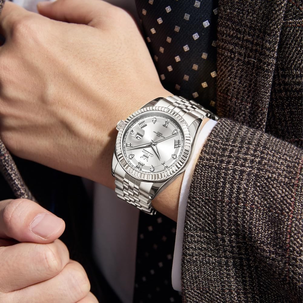 Men’s Elegant Waterproof Quartz Watch – Classic Silver Stainless Steel Design