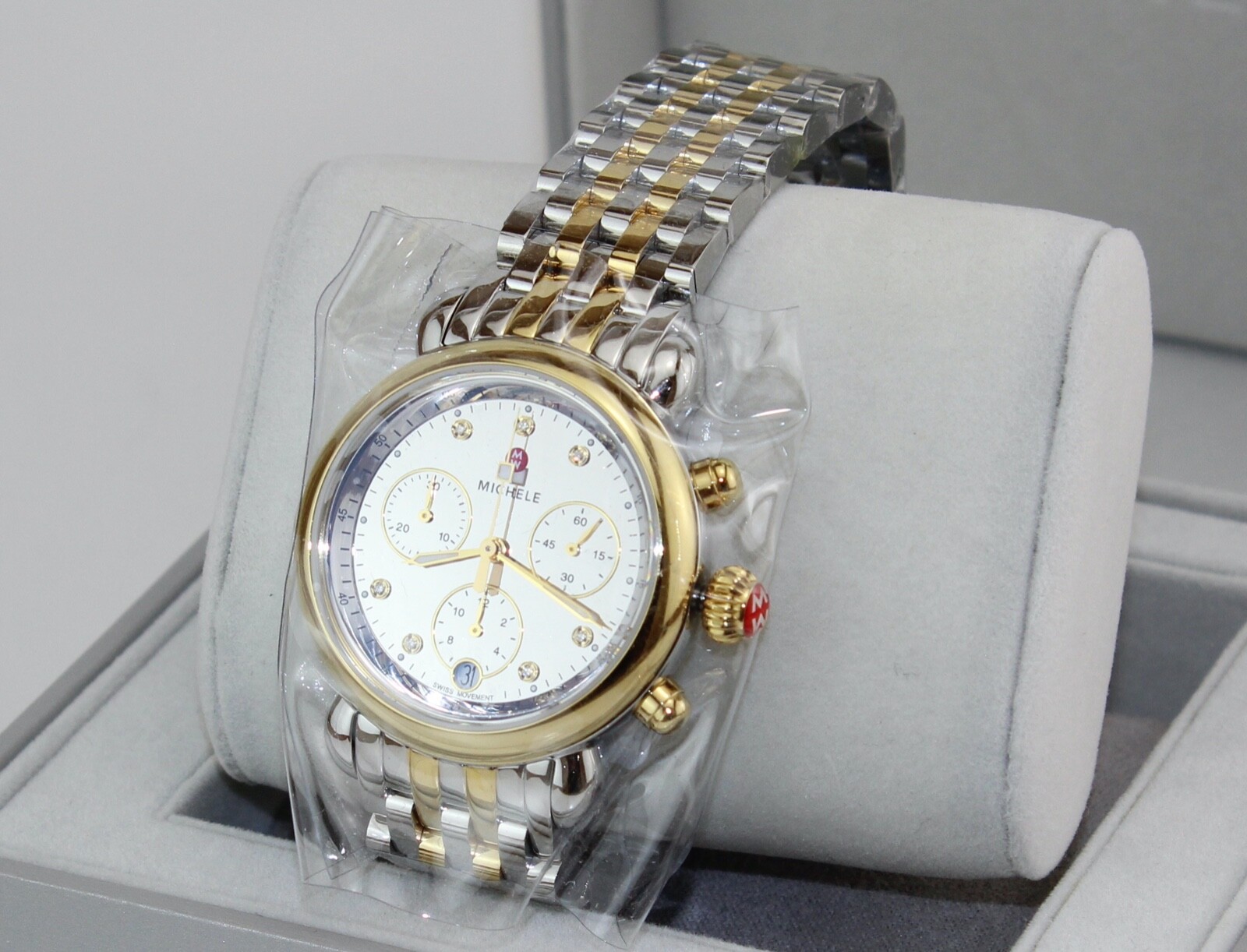 NEW AUTHENTIC MICHELE CSX 36 SILVER GOLD MIRROR CHRONO MWW03C000519 WOMENS WATCH