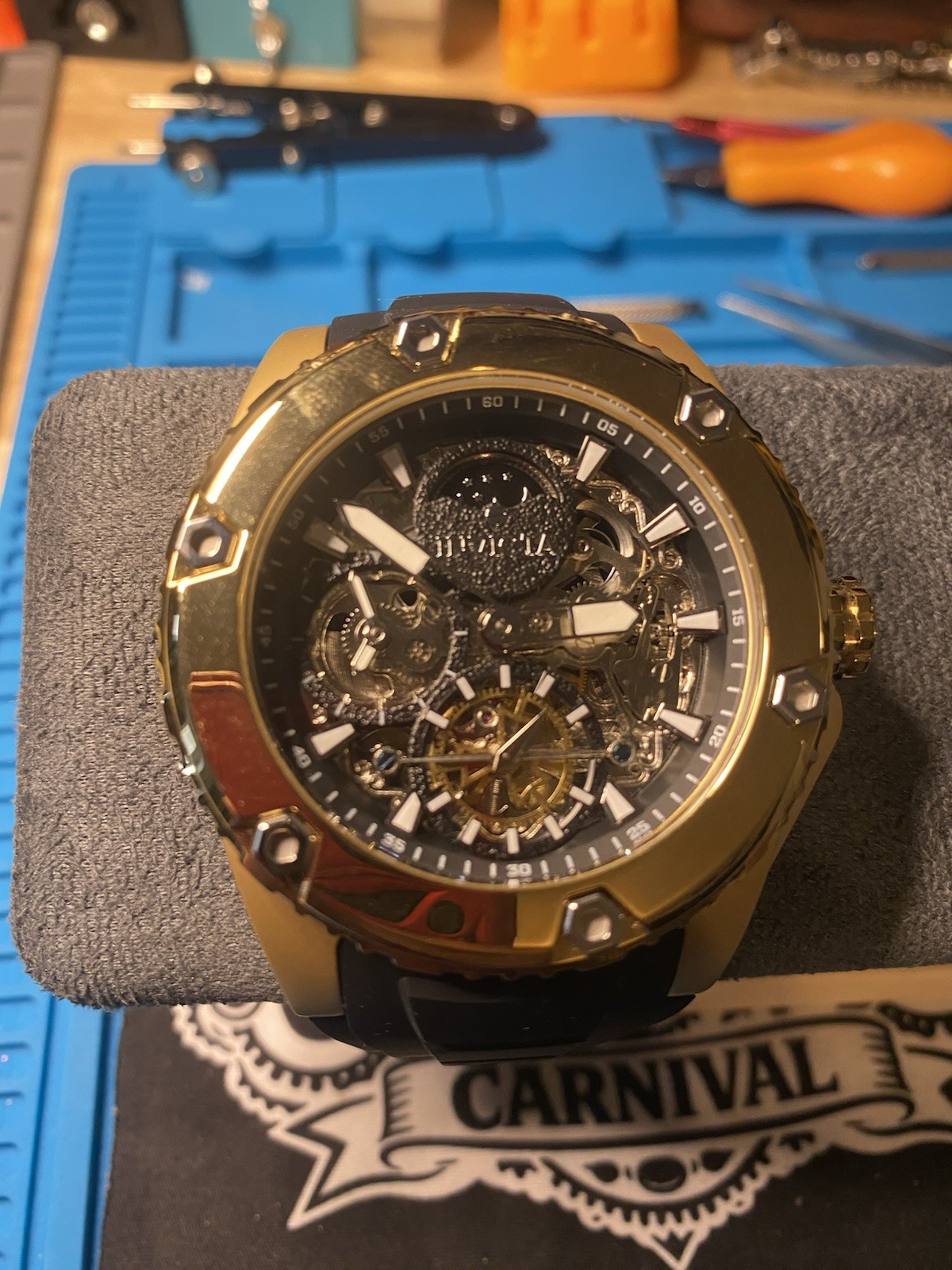 Invicta Bolt Men’s Automatic Skeleton Dial Gold Tone Black Strap 100m Watch