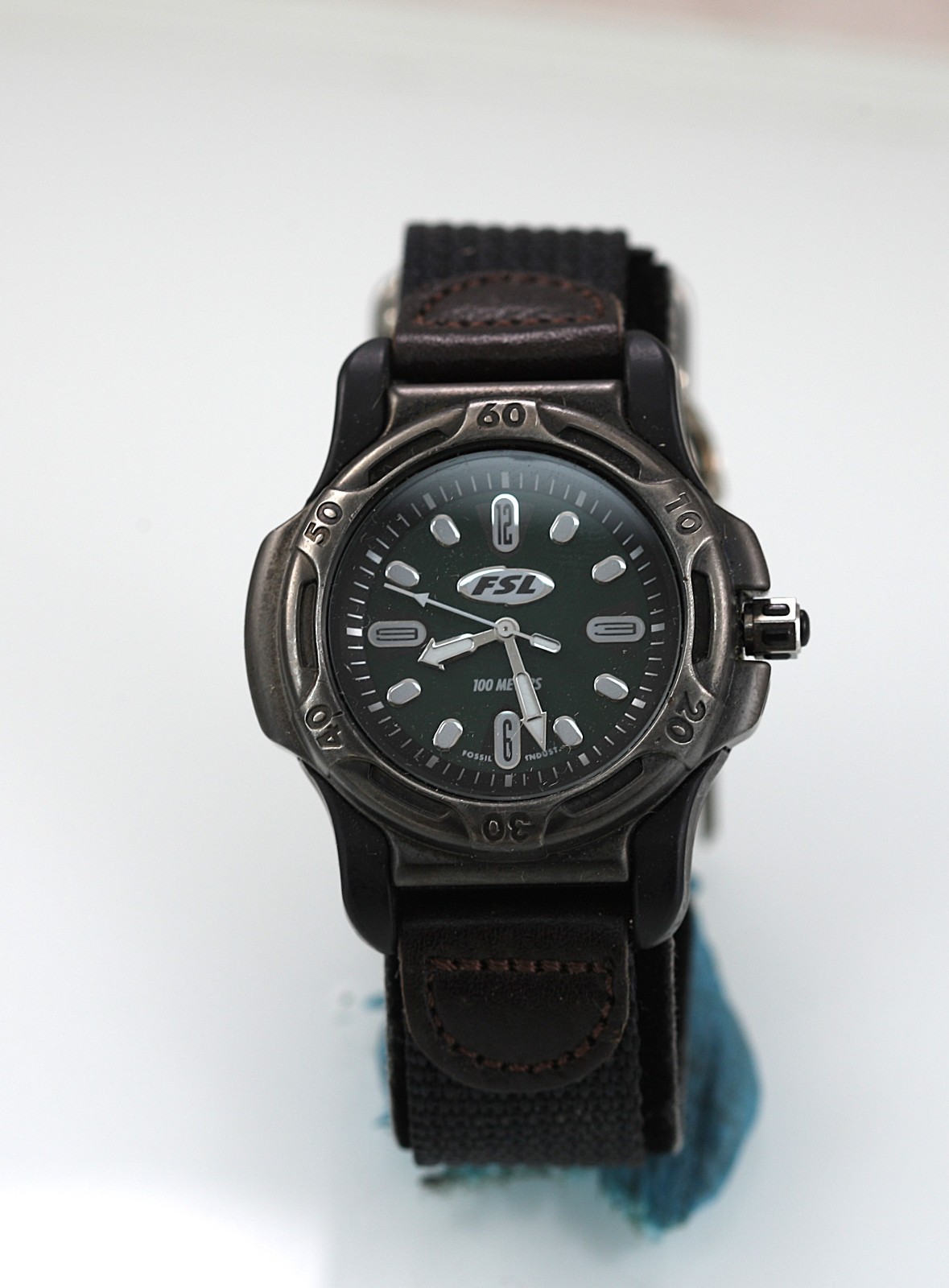 Fossil Watch Men Gray Black Stainless St Nylon Brown Leather 100m Green Quartz