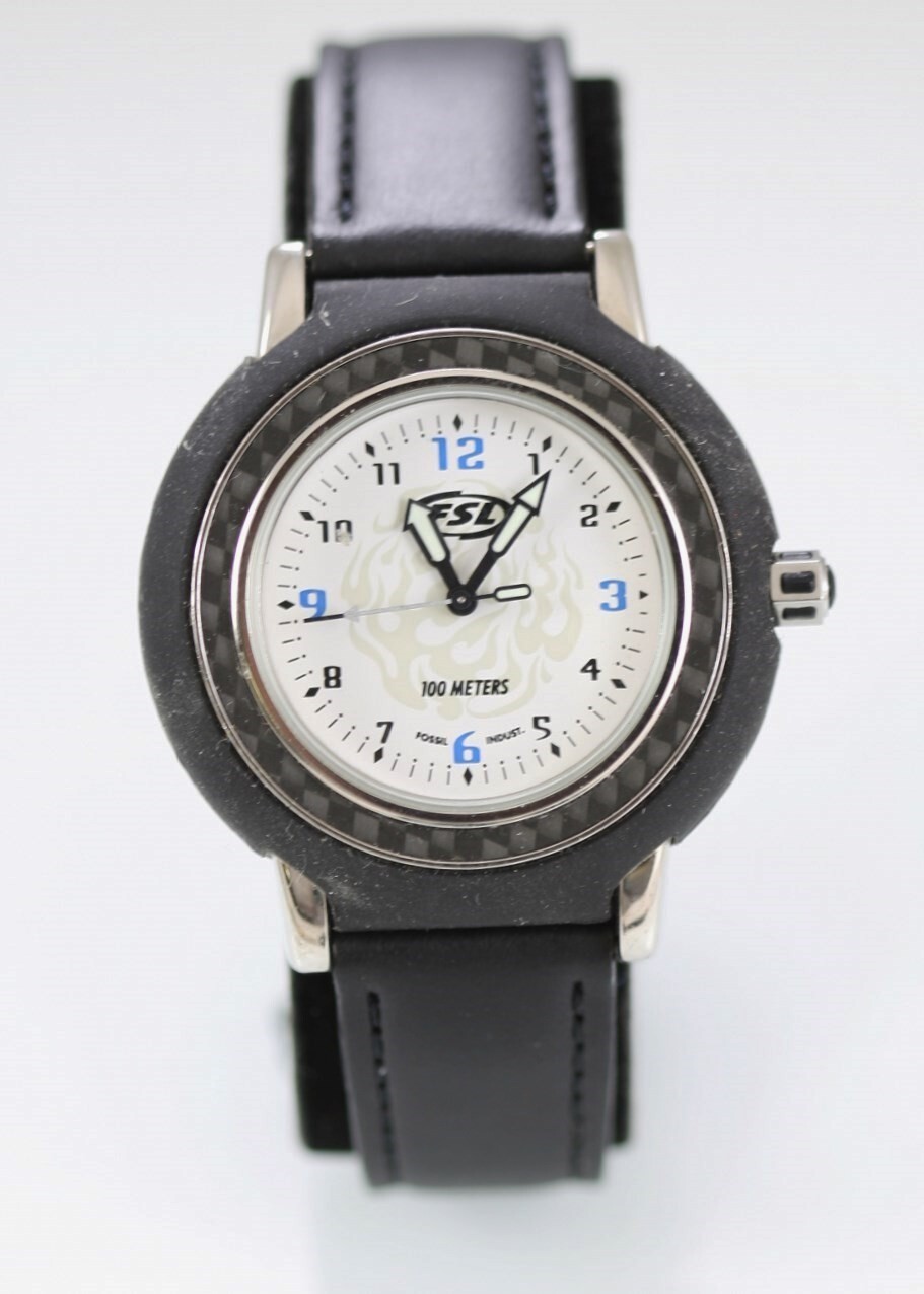 Fossil FSL Watch Men Stainless Rubber Black Leather 100m White Battery Quartz