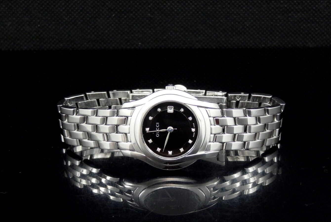 Gucci YA055504 Diamond Date Black Dial 5500L Series Silver Tone Women’s Watch