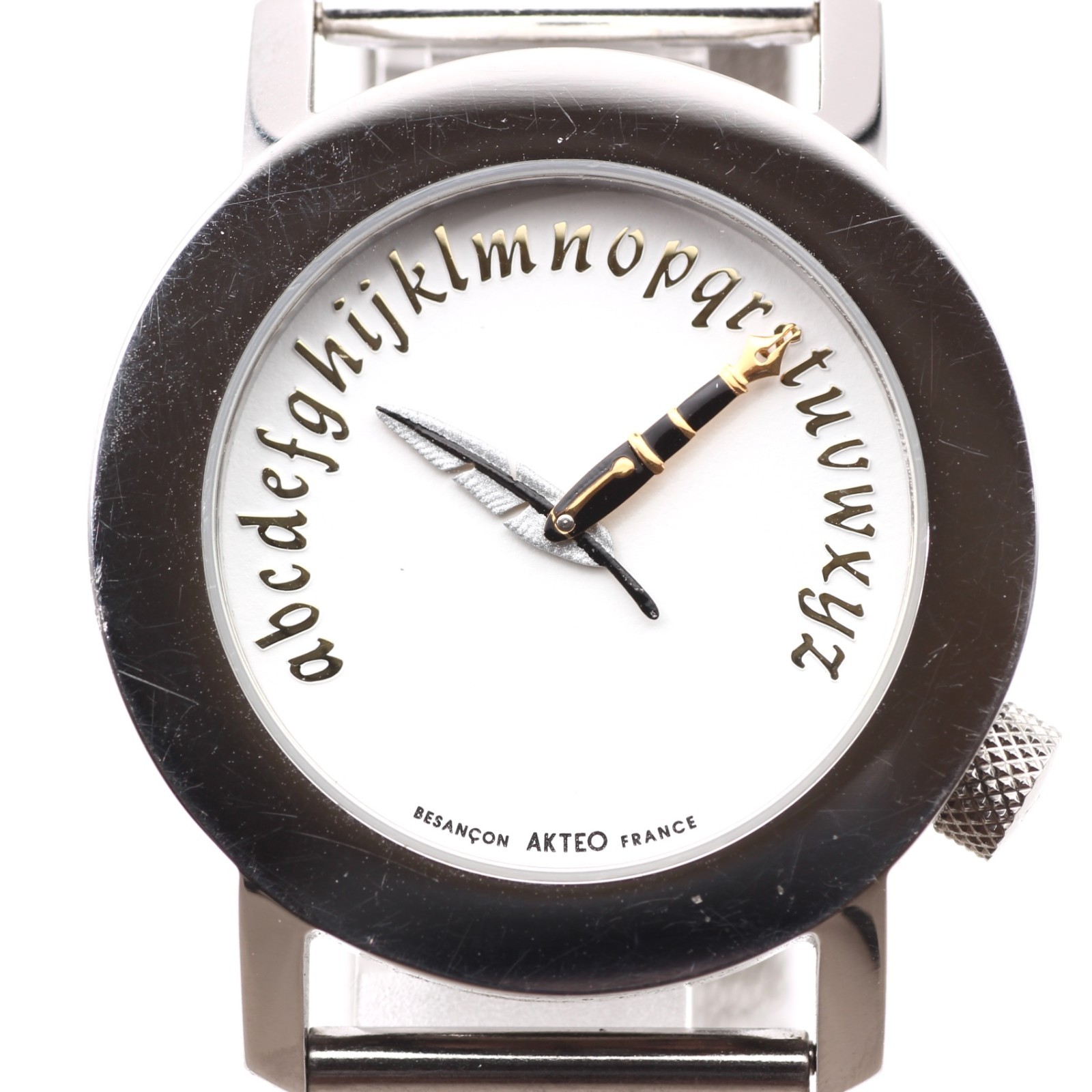 Rare AKTEO Calligraphy Men Watch Quartz White Dial France Vintage Pen Nib JP