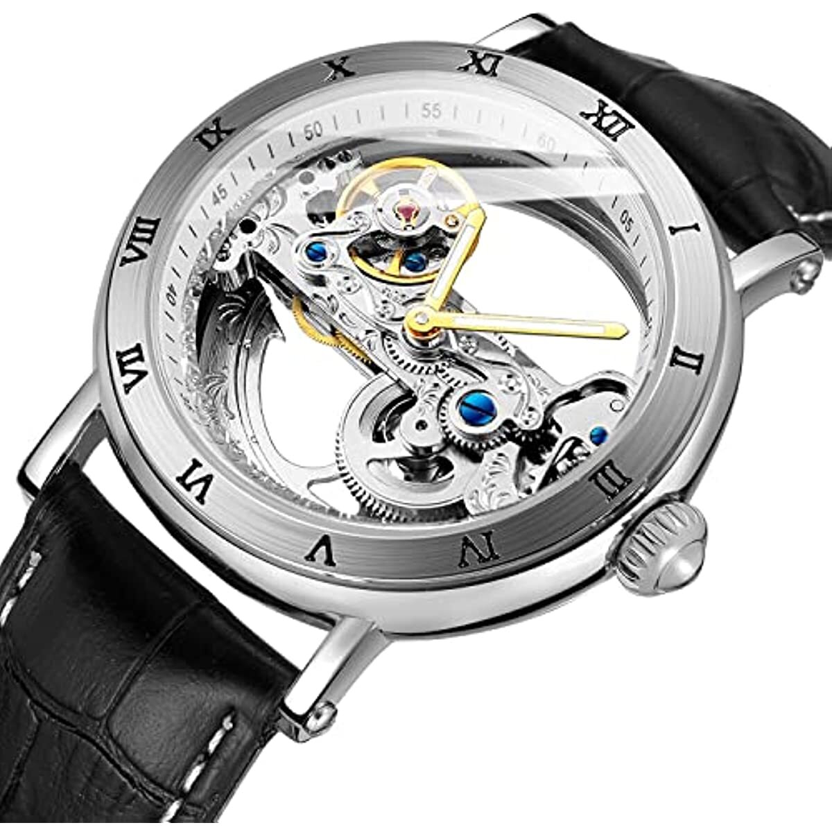 Men’s Unique Design Automatic Self Wind Genuine Leather Strap Skeleton Watch New