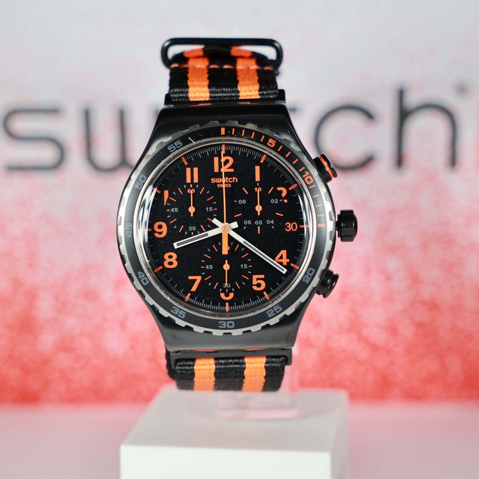 Swatch Limited Watch Swiss Made Garosugil Black Nylon Orange 43MM YVB401 Chrono
