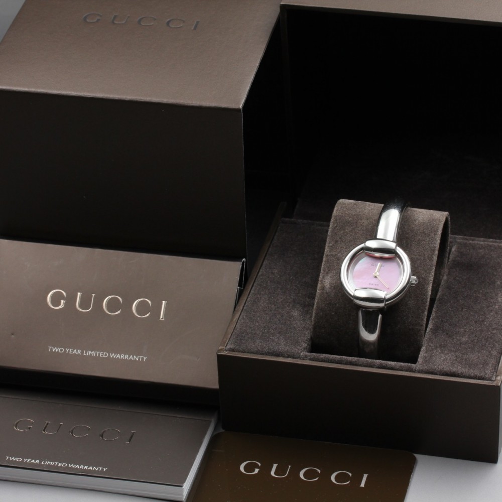 Near MINT GUCCI 1400L Pink Silver Bangle Quartz 25mm Ladies Watch Full Set