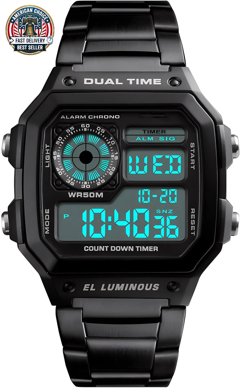 Men’S Digital Multi-Function Watches Dual Time Alarm Stopwatch Countdown Backlig