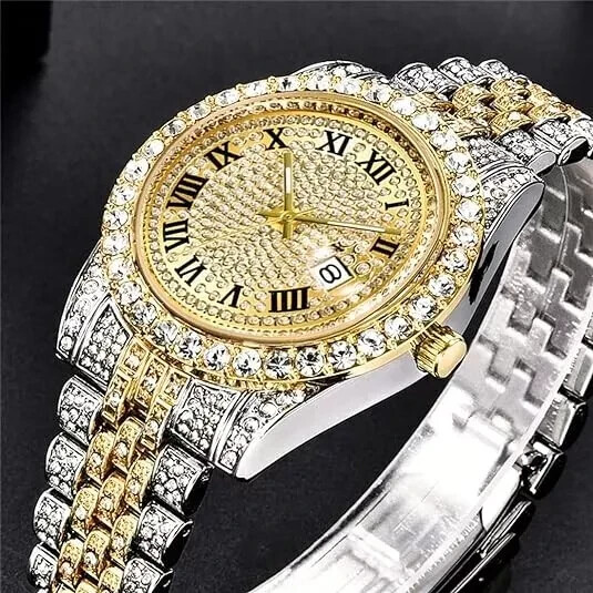 Hip Hop Watch Simulated Diamond Luxury Iced Cuban Chain Cross Necklace Bracelet