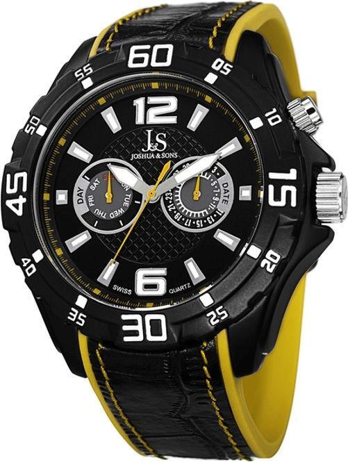 Joshua & Sons JS79YL Swiss Quartz Day Date Leather Rubber Strap Mens Watch