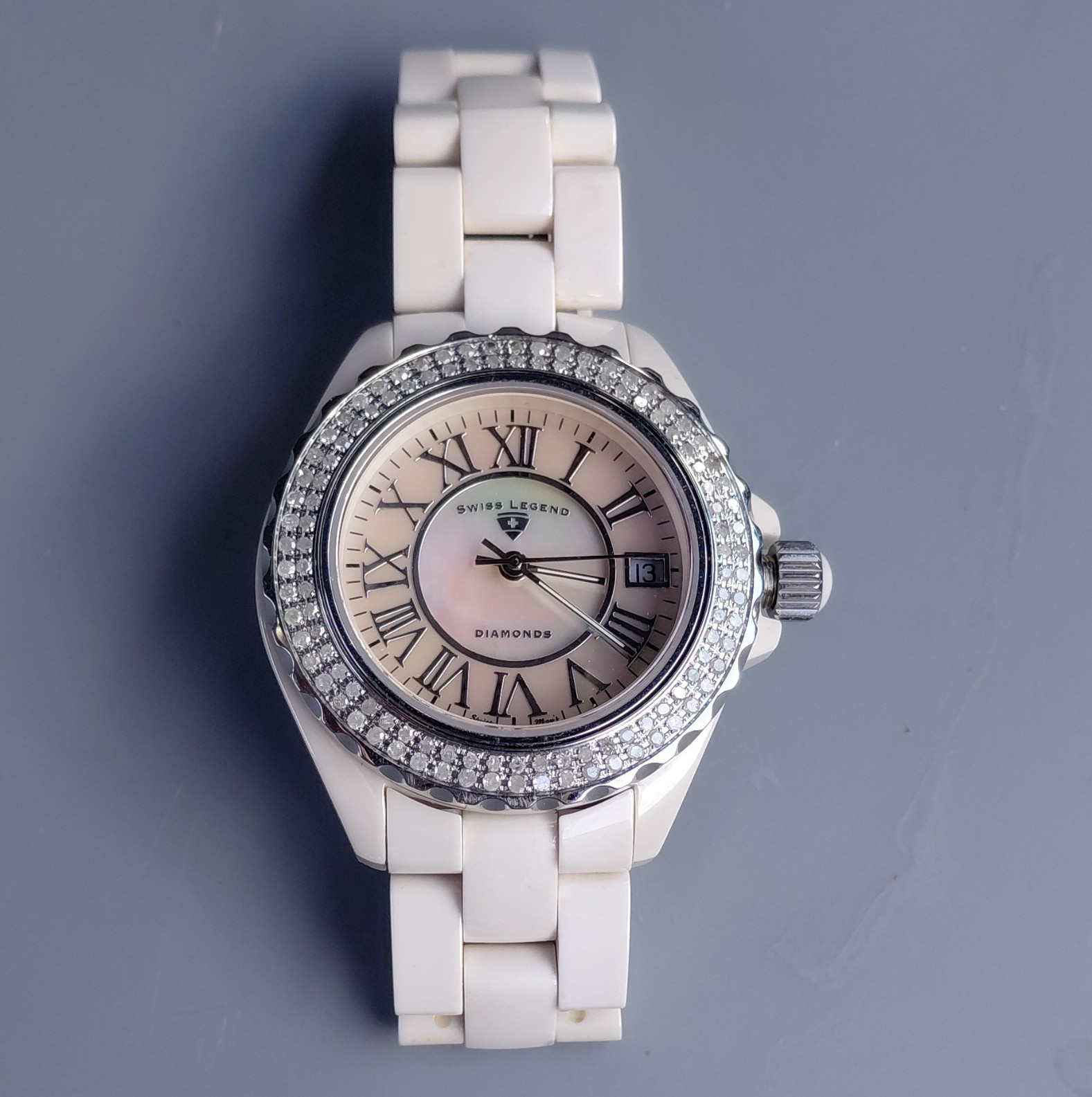Swiss Legend Diamonds Women’s Quartz Ceramic Bracelet Watch MOP Dial Date 100m