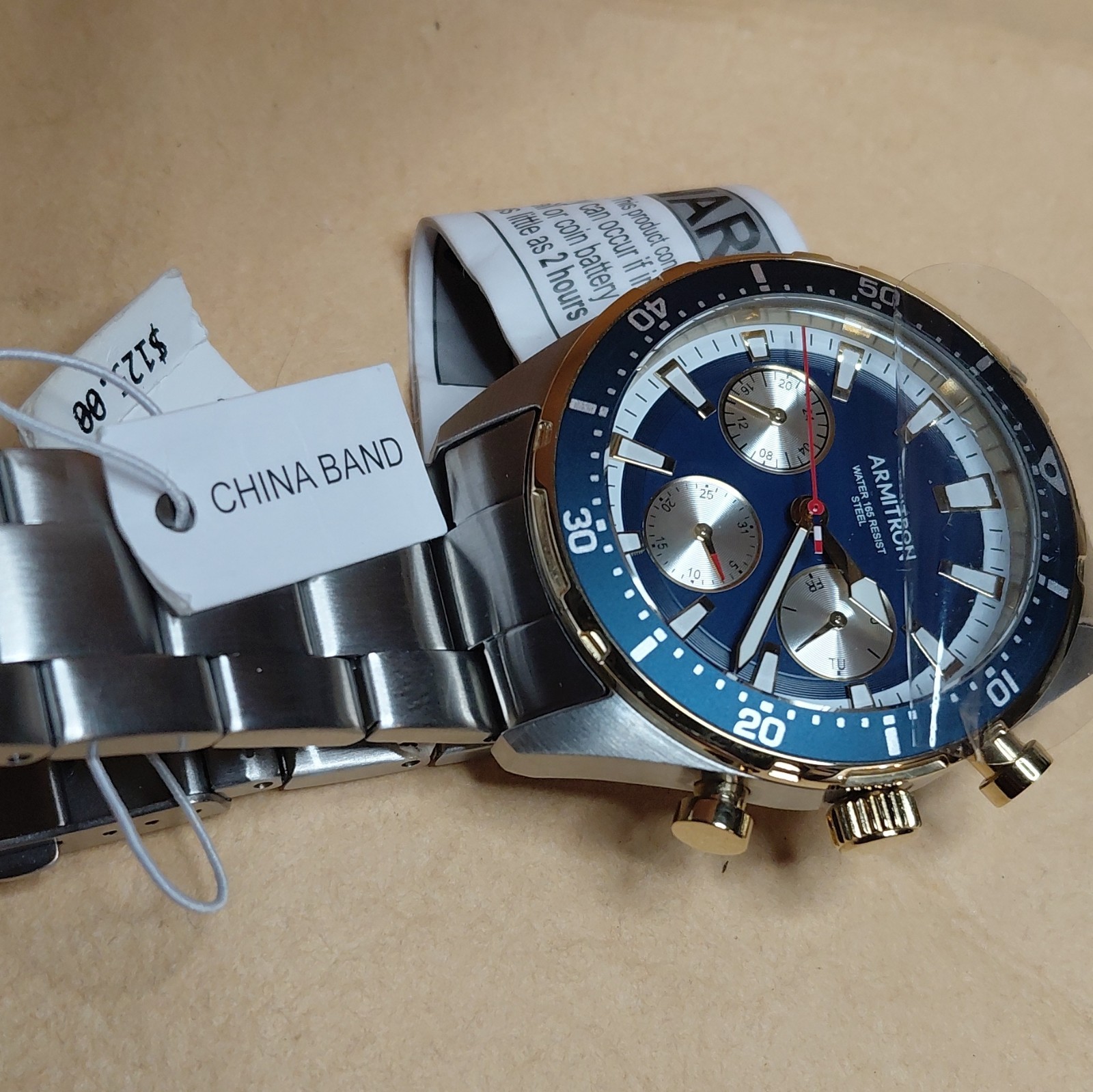 Armitron Quartz Analog Watch, Blue Dial, SS Bracelet, Day/Date, WR 165 ft