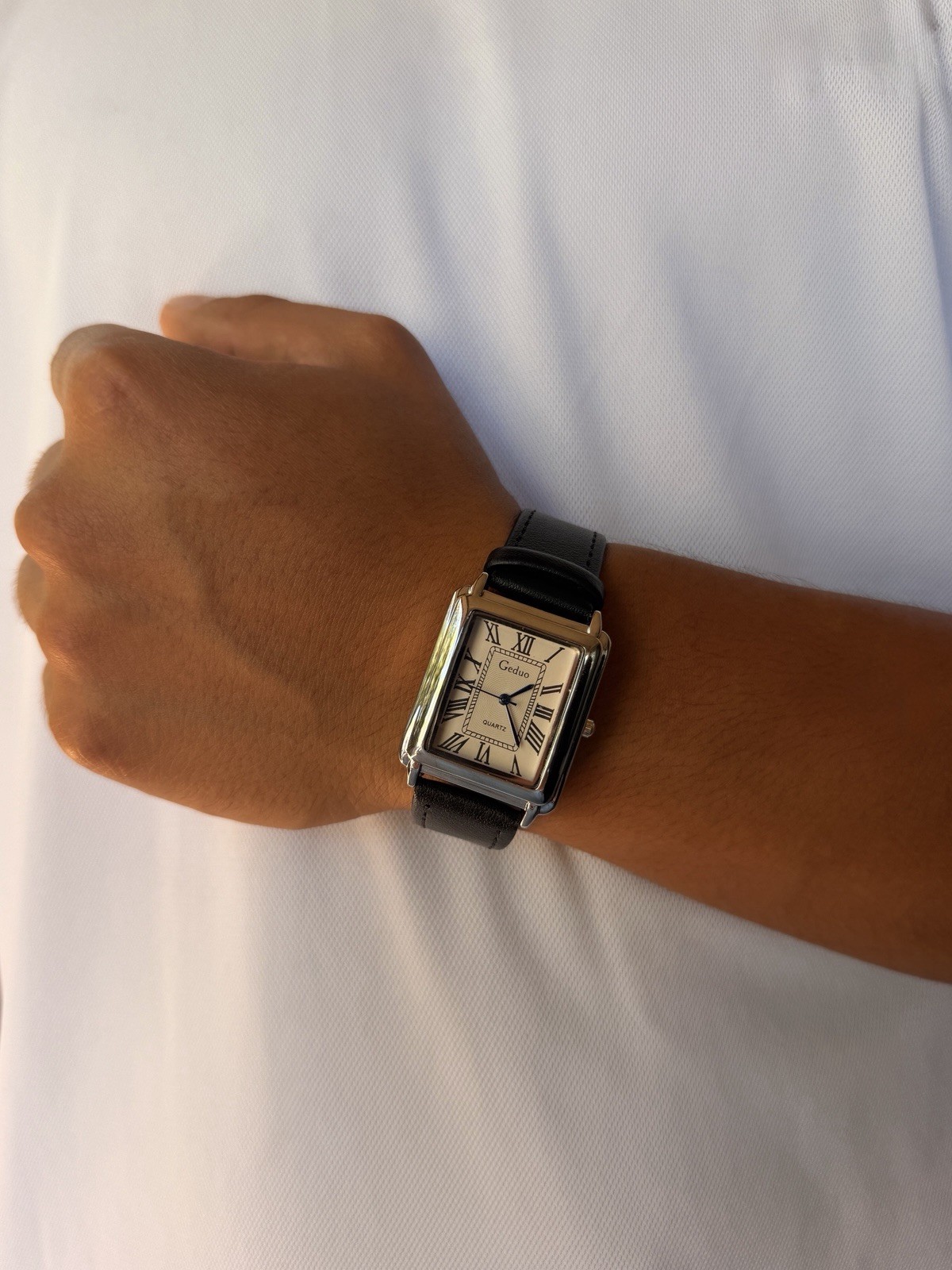 Geduo Quartz Rectangle Watch Roman Dial White Face Silver Case Black Leather