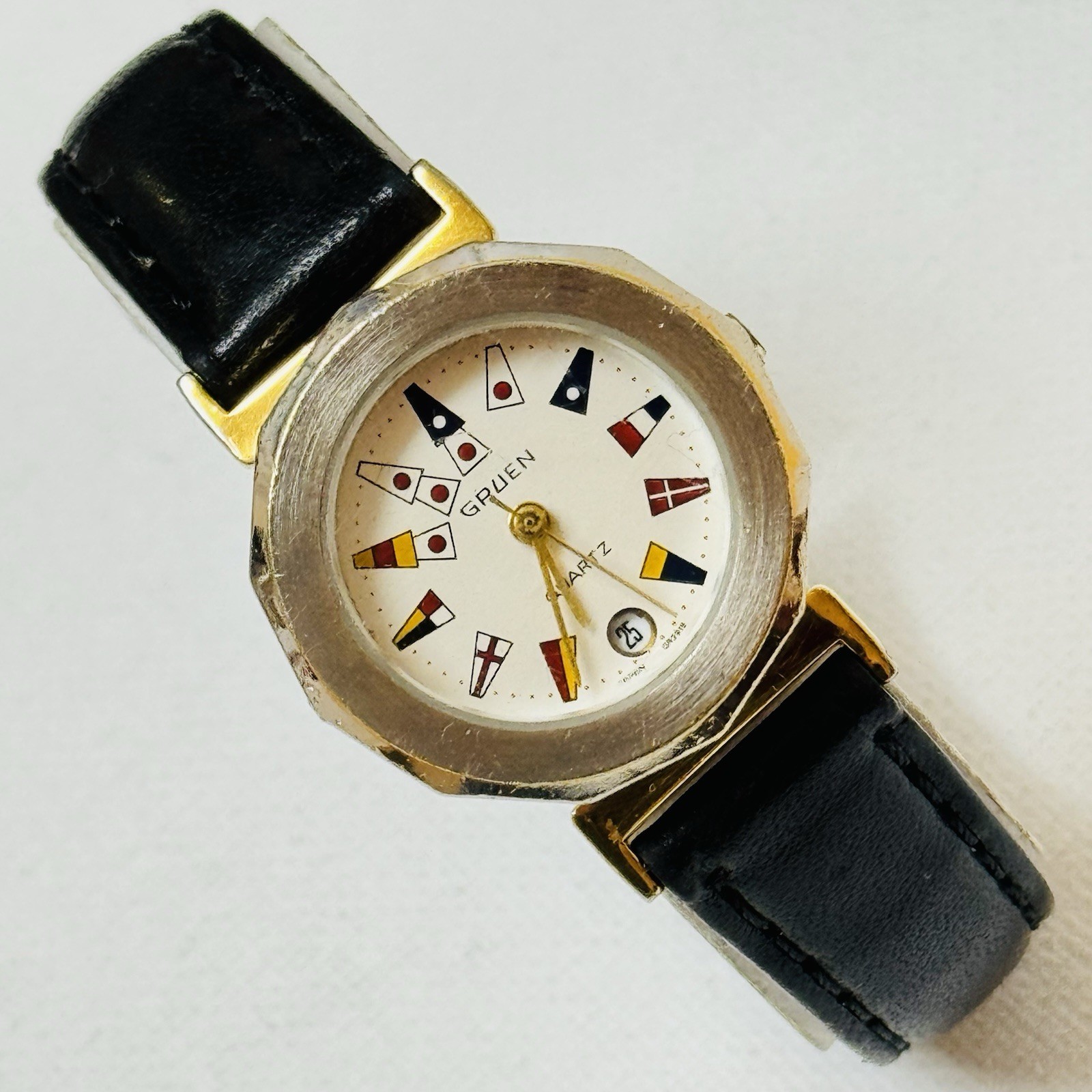 Vintage Gruen Nautical Flags Women’s Watch Two Tone Black Leather 236-2015
