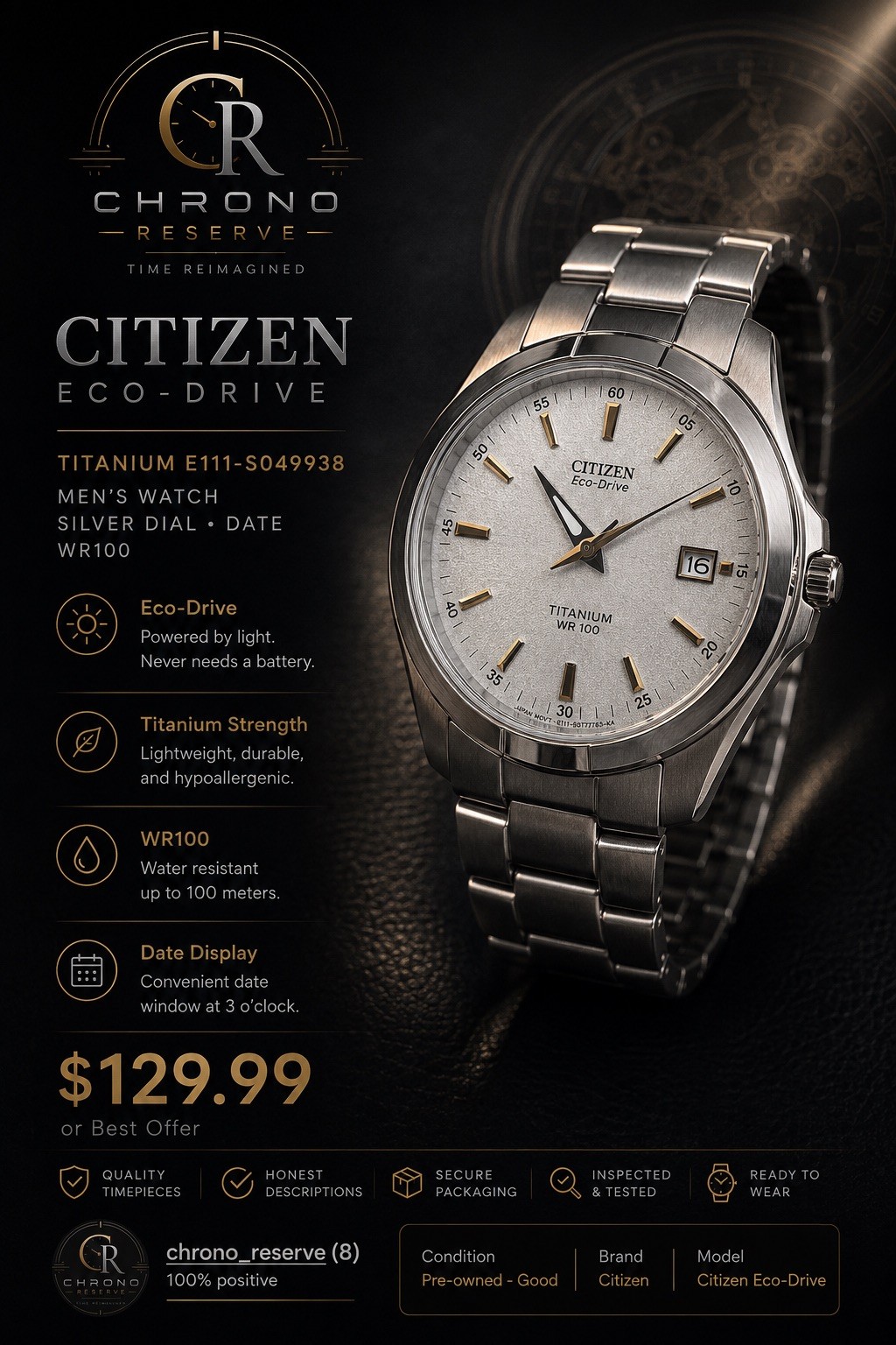 Citizen Eco-Drive Titanium E111-S049938 Men’s Watch Silver Dial Date WR100