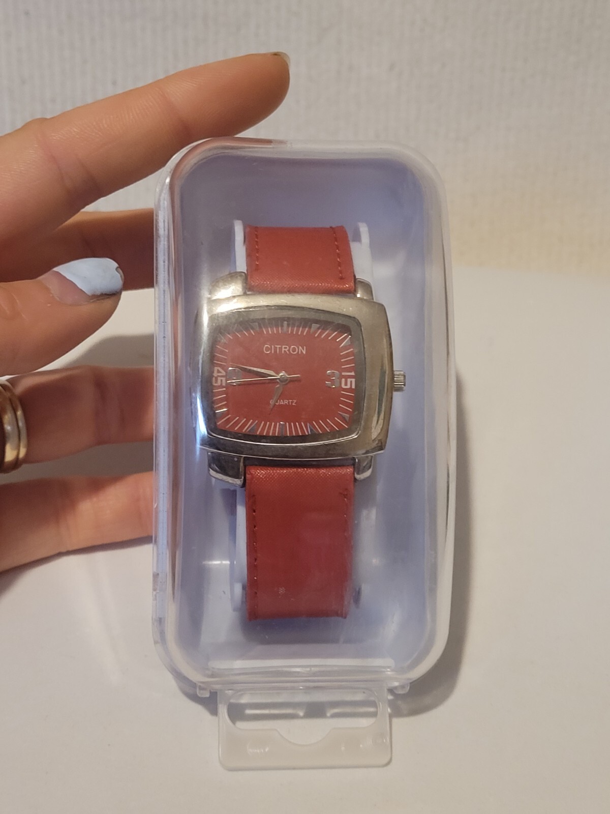 Large Red Leather Fabric Styled Citron Quartz Watch In Box