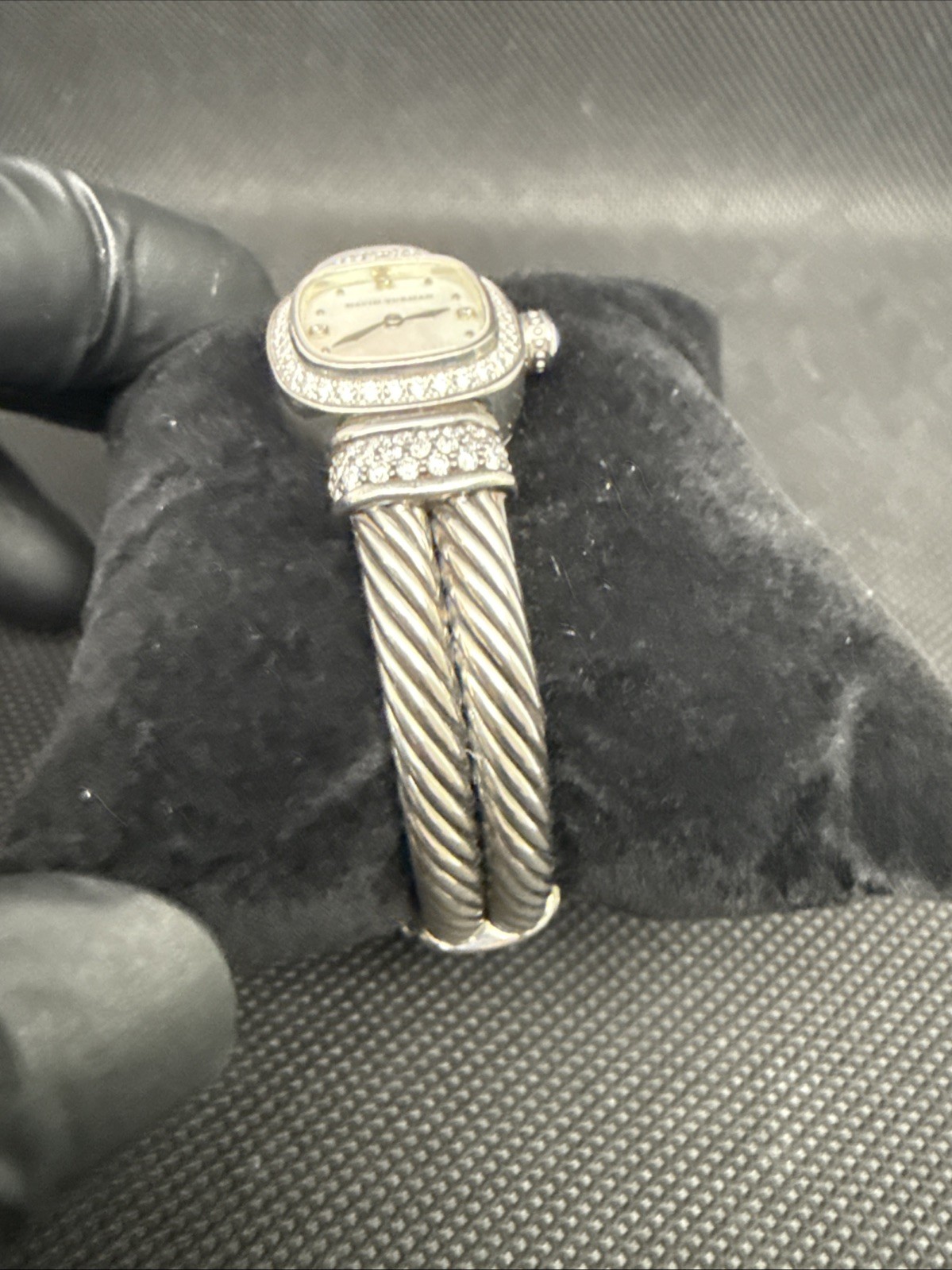 David Yurman Cable Bangle Diamonds MOP Dial 925 Silver 19MM Lady Quartz