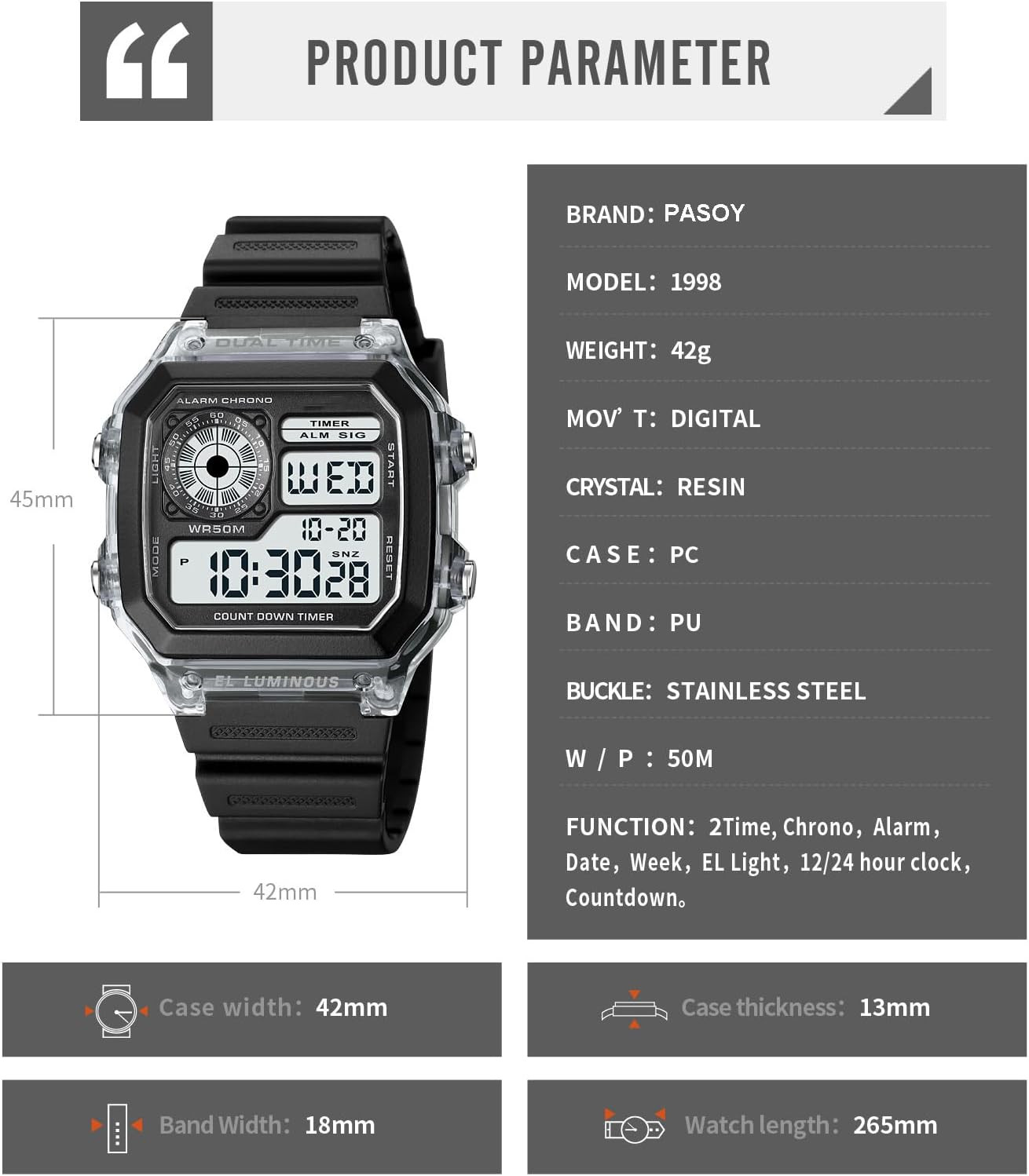 Men’s Digital Multi-Function Watches Dual Time Alarm Stopwatch Countdown Backlig