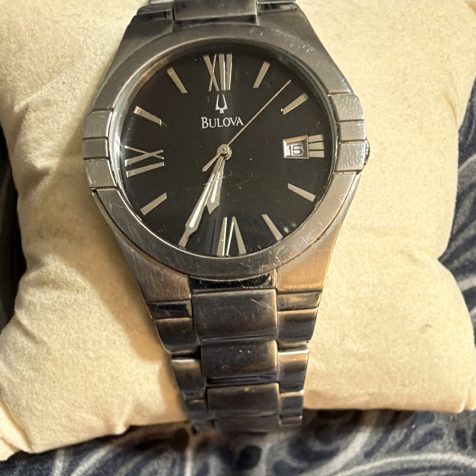 Bulova Quartz Date Water-Resistant SS Silver Bracelet Black Dial 36-39.9mm