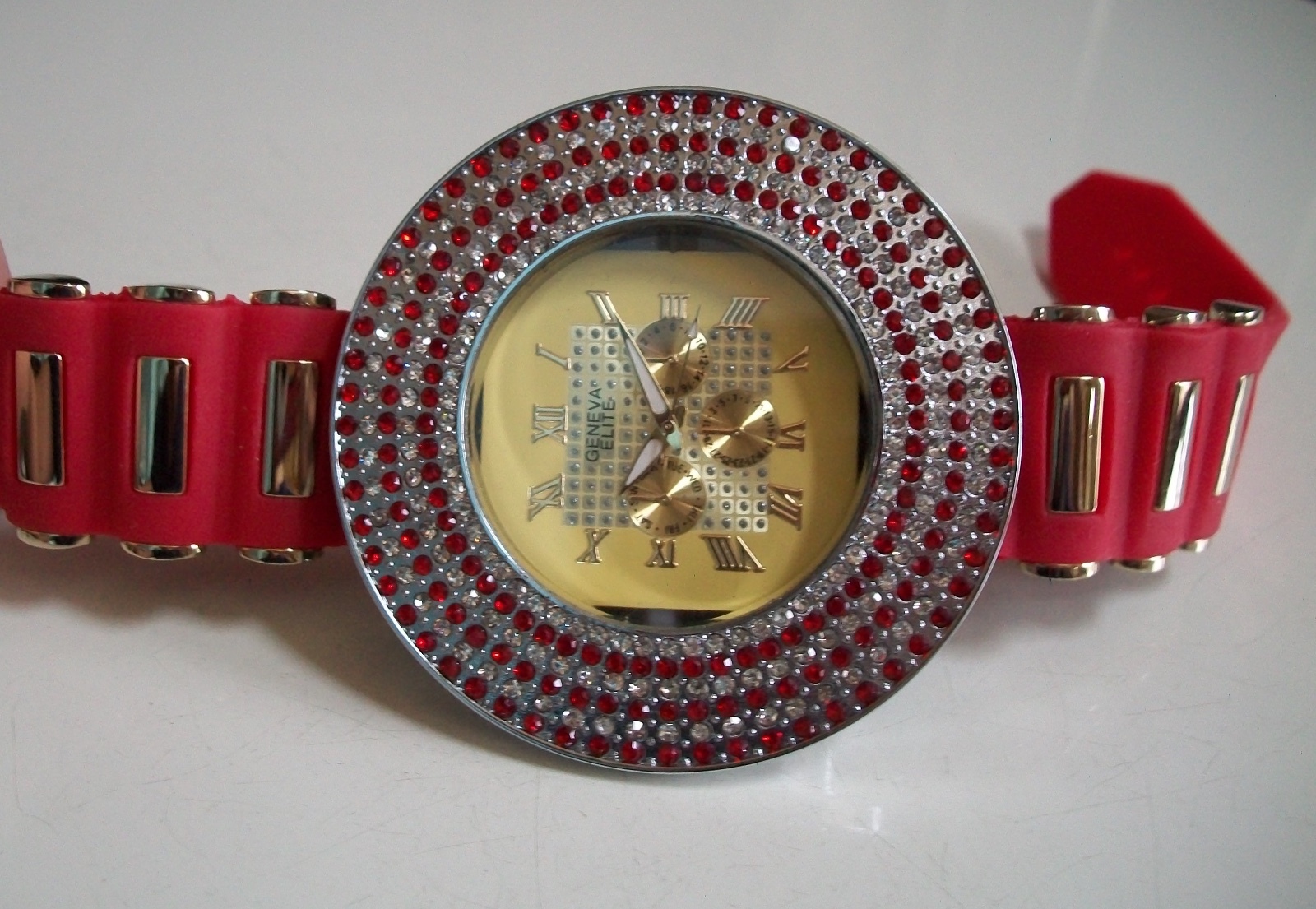 Men’s Gold & Silver Finish Red Silicon Band Fashion Dressy Hip Hop Watch