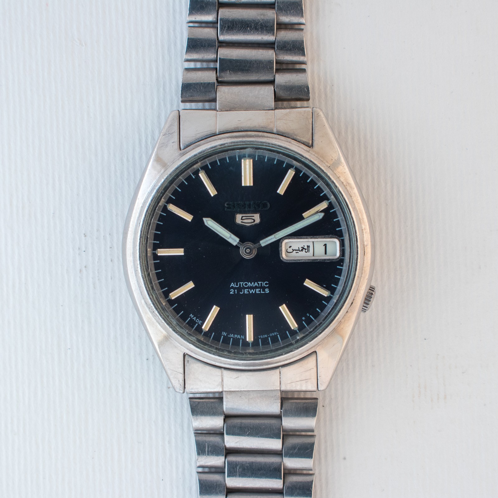 Vintage Seiko 5 Auto 7S26-6000 Men’s Watch Arabic/English Day Dark Blue Dial