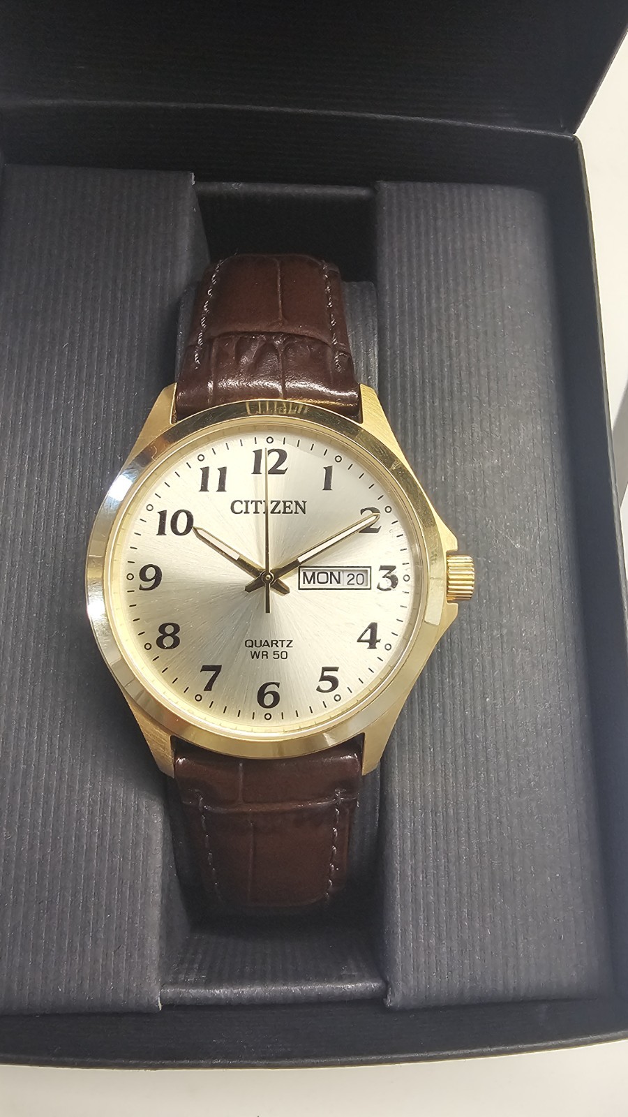Citizen BF5002-05P Quartz Analogue Day/Date WR50m Gold Case Brown Strap