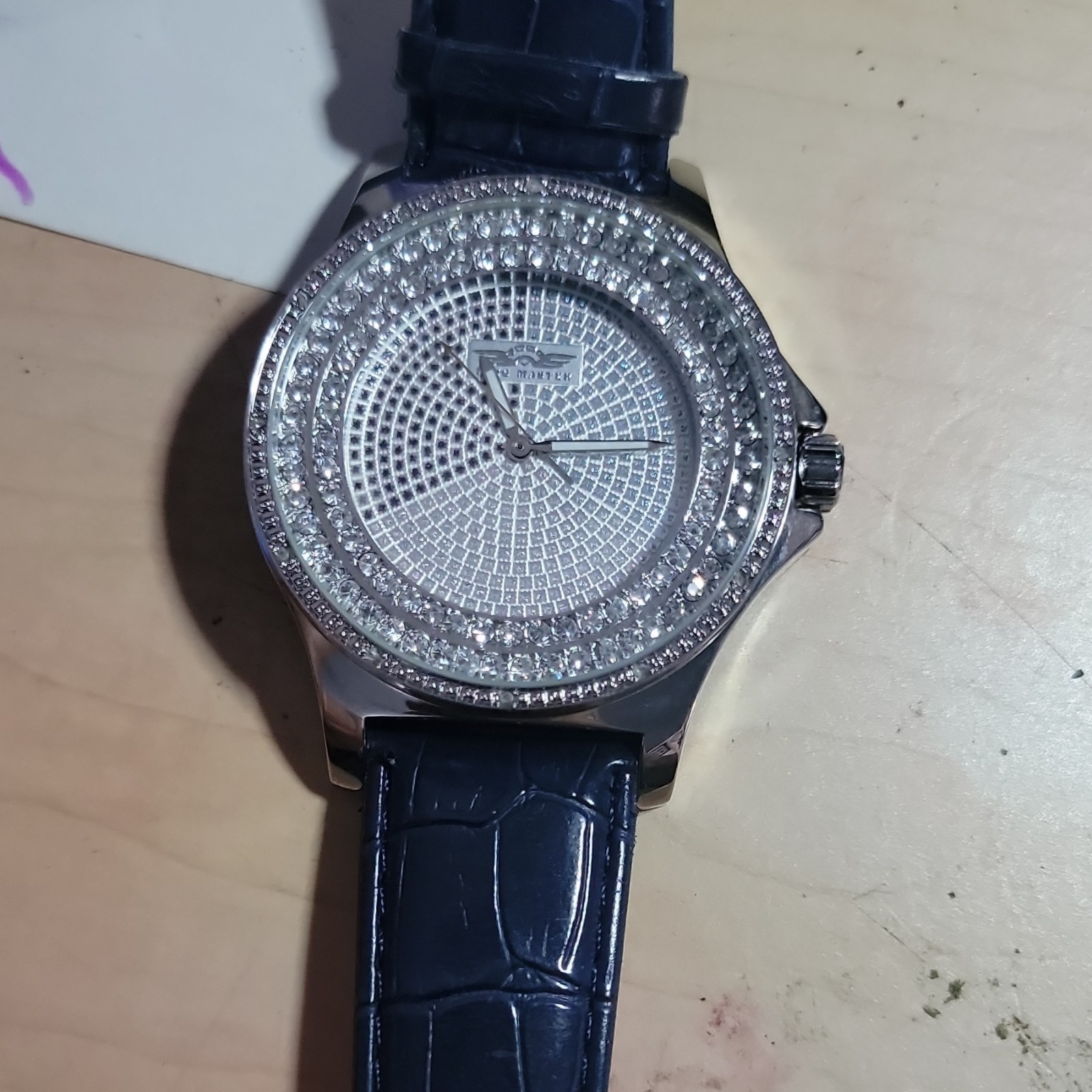 KING MASTER Men’s 44mm Quartz Watch Silver Pavé Dial Diamond Accent Blue Leather