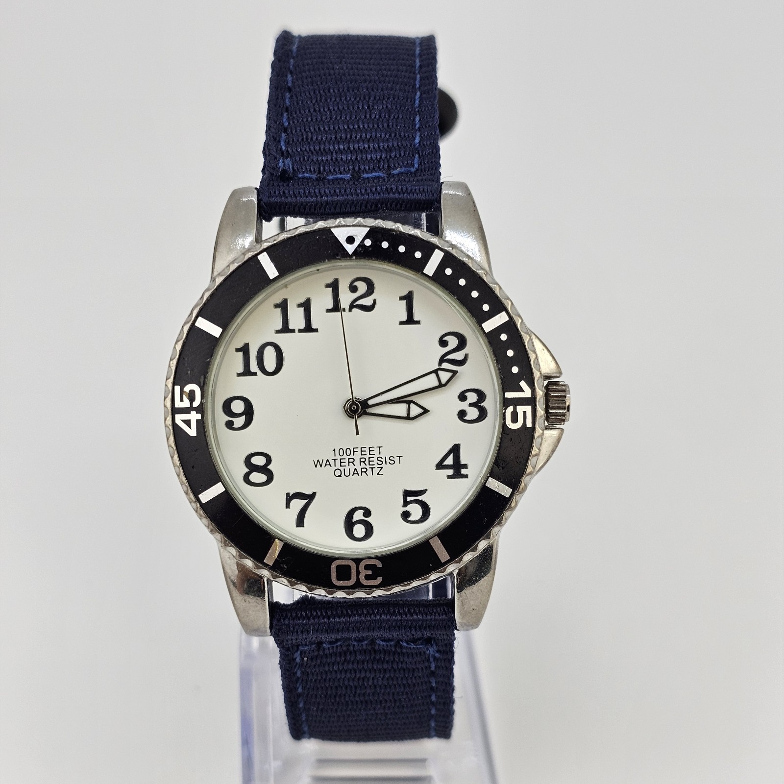 38MM Watch Men White Dial Black Bezel New Navy Blue Canvas Bands New Battery