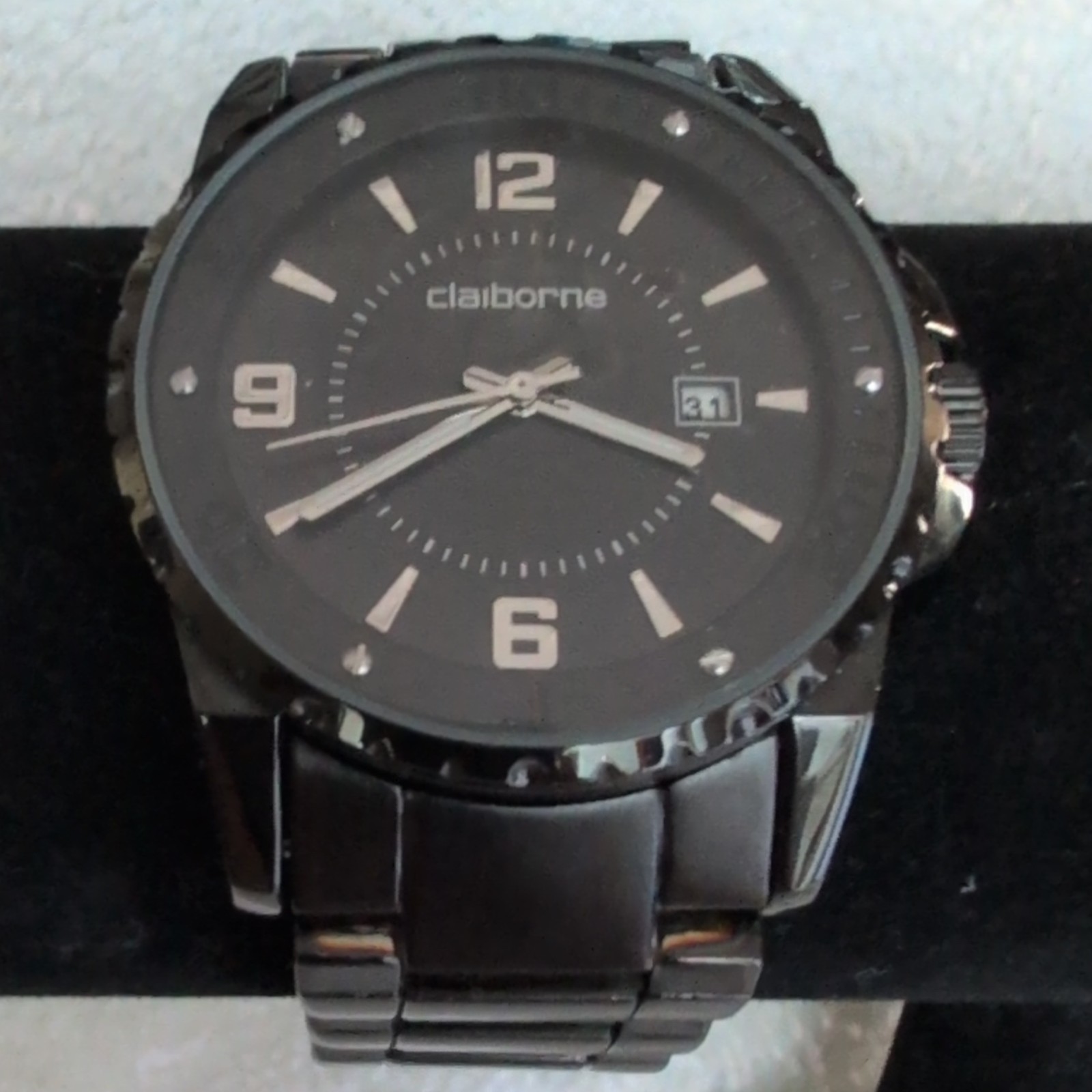 Claiborne Men’s Quartz Analog Watch Black Dial Date Black Metal Bracelet