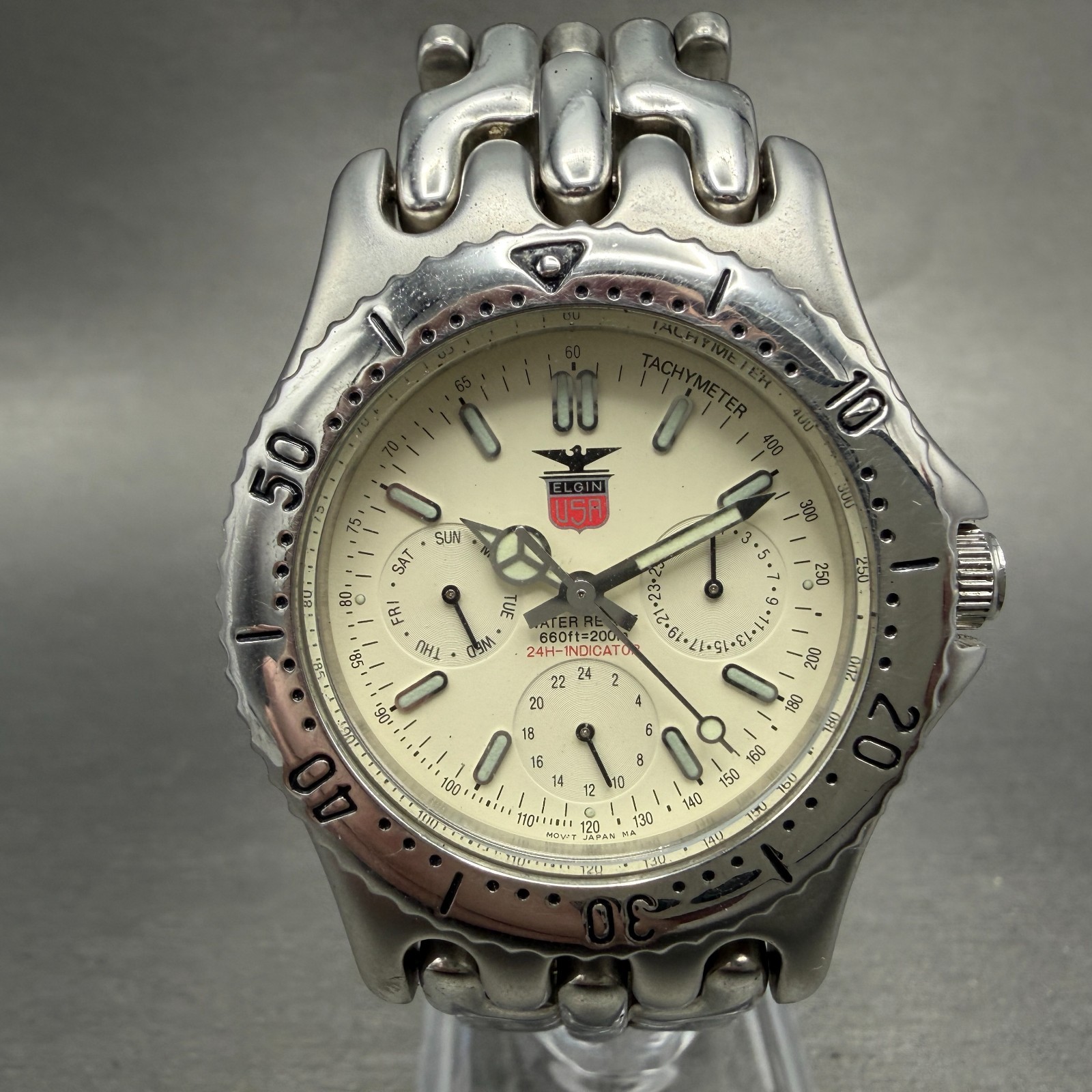 Elgin Watch Men 37mm Cream Dial Silver Tone Round Daydate FK-553 New Battery